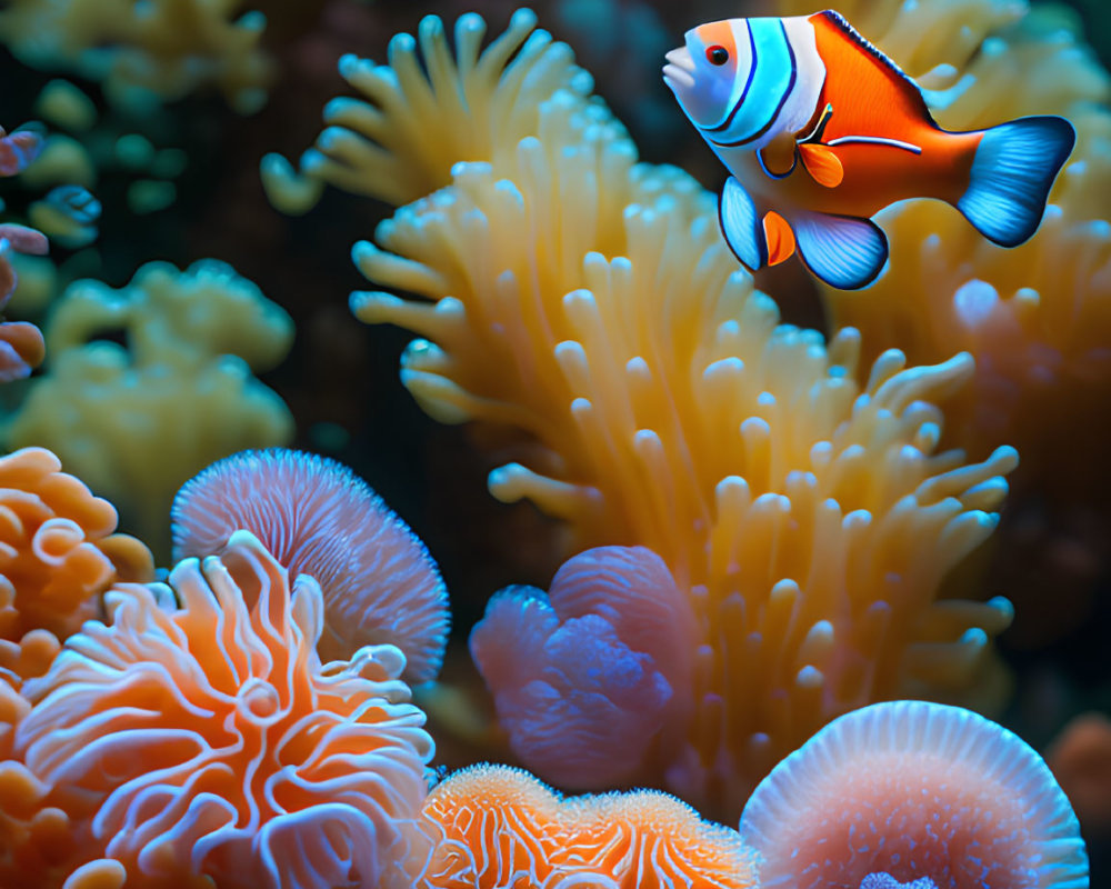 Colorful Clownfish Among Vibrant Sea Anemones in Underwater Scene