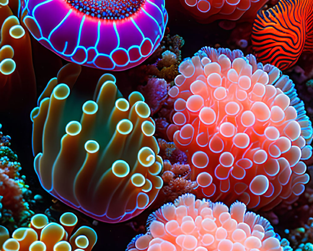 Colorful Coral Reef with Anemones and Corals in Various Patterns