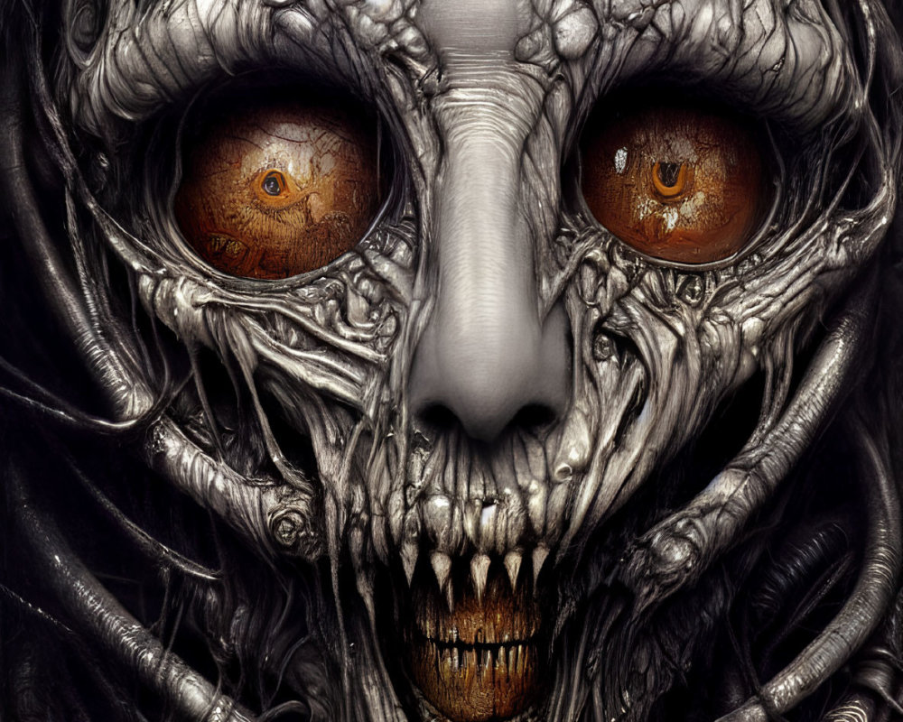 Skull-faced creature with orange eyes and alien tendrils illustration