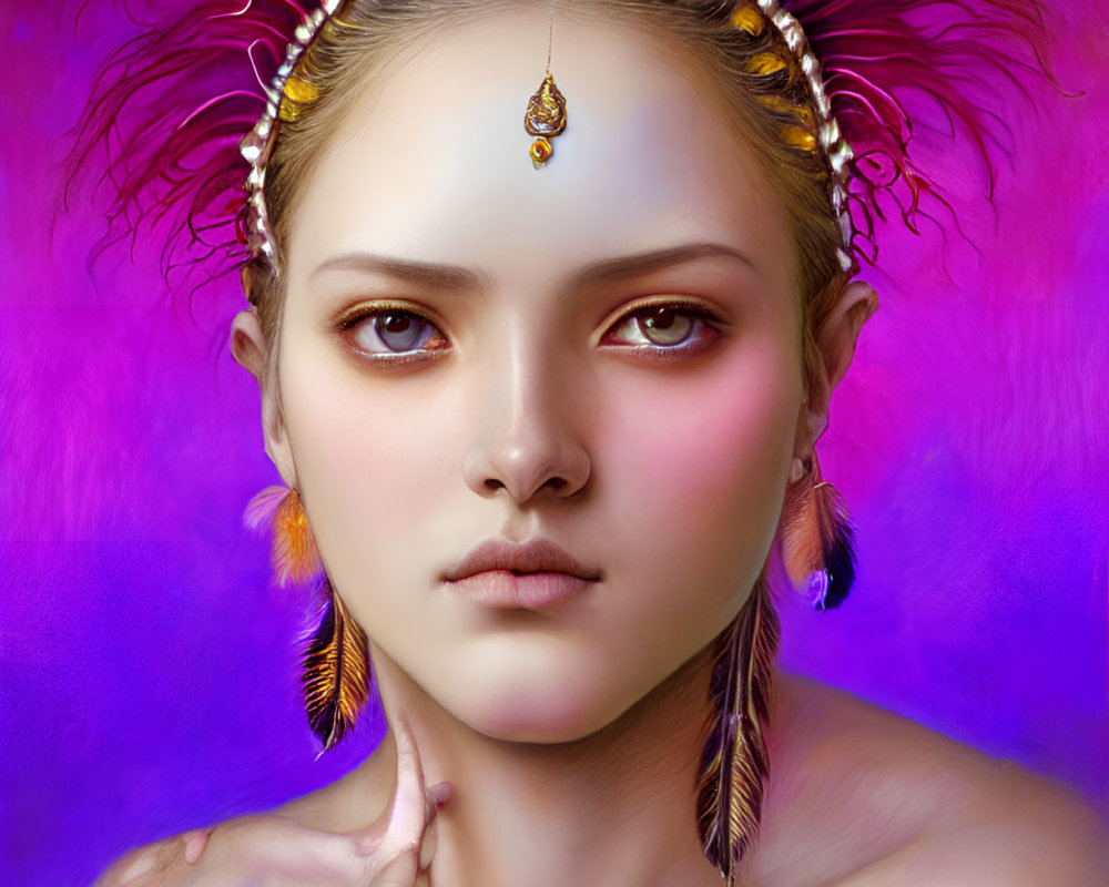 Portrait of Woman with Feather Accessories and Jeweled Headdress on Vibrant Purple Background