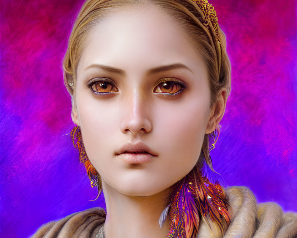 Digital painting of young woman with gold crown, brown eyes, feather earrings, and fur wrap on purple