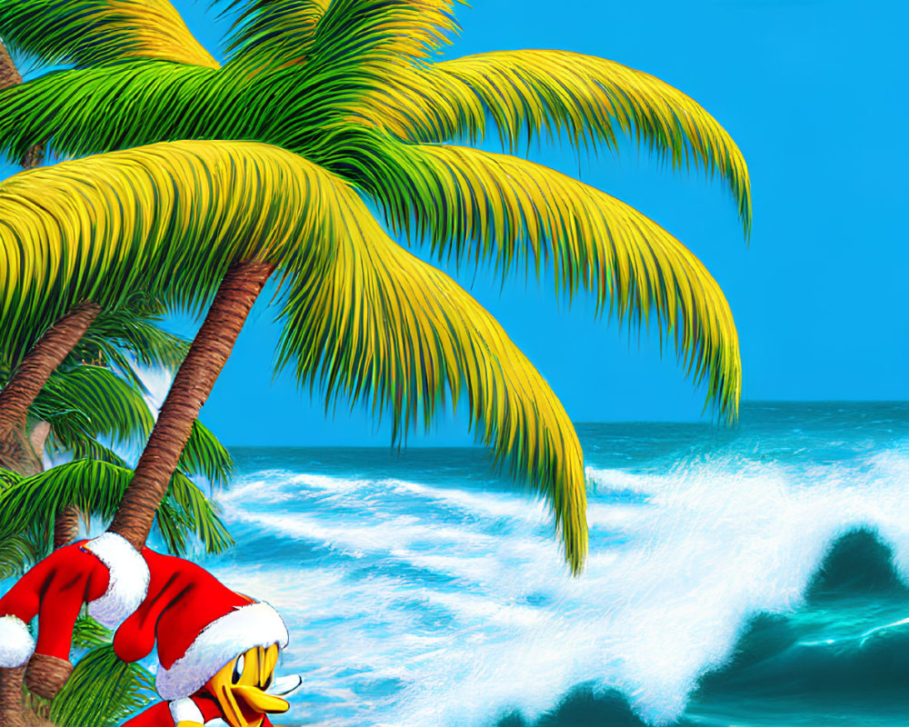 Cartoon character in Santa outfit on sunny beach with palm tree, star, and bird.