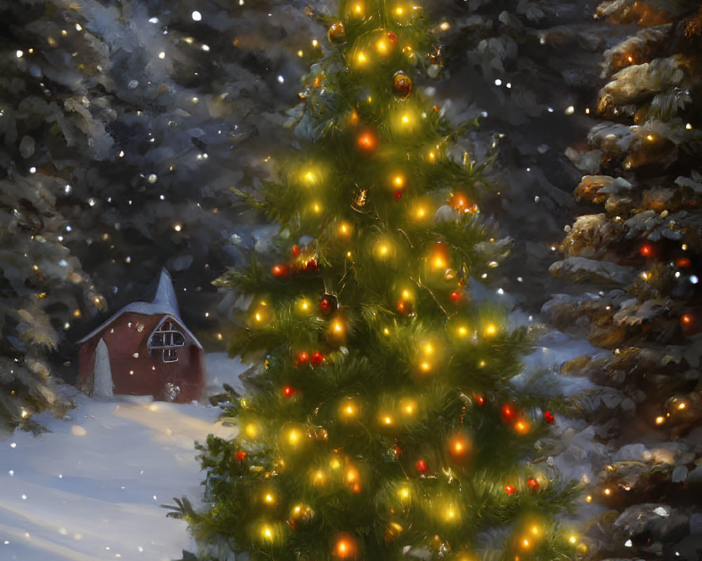 Snowy forest scene with illuminated Christmas tree and cozy cottage