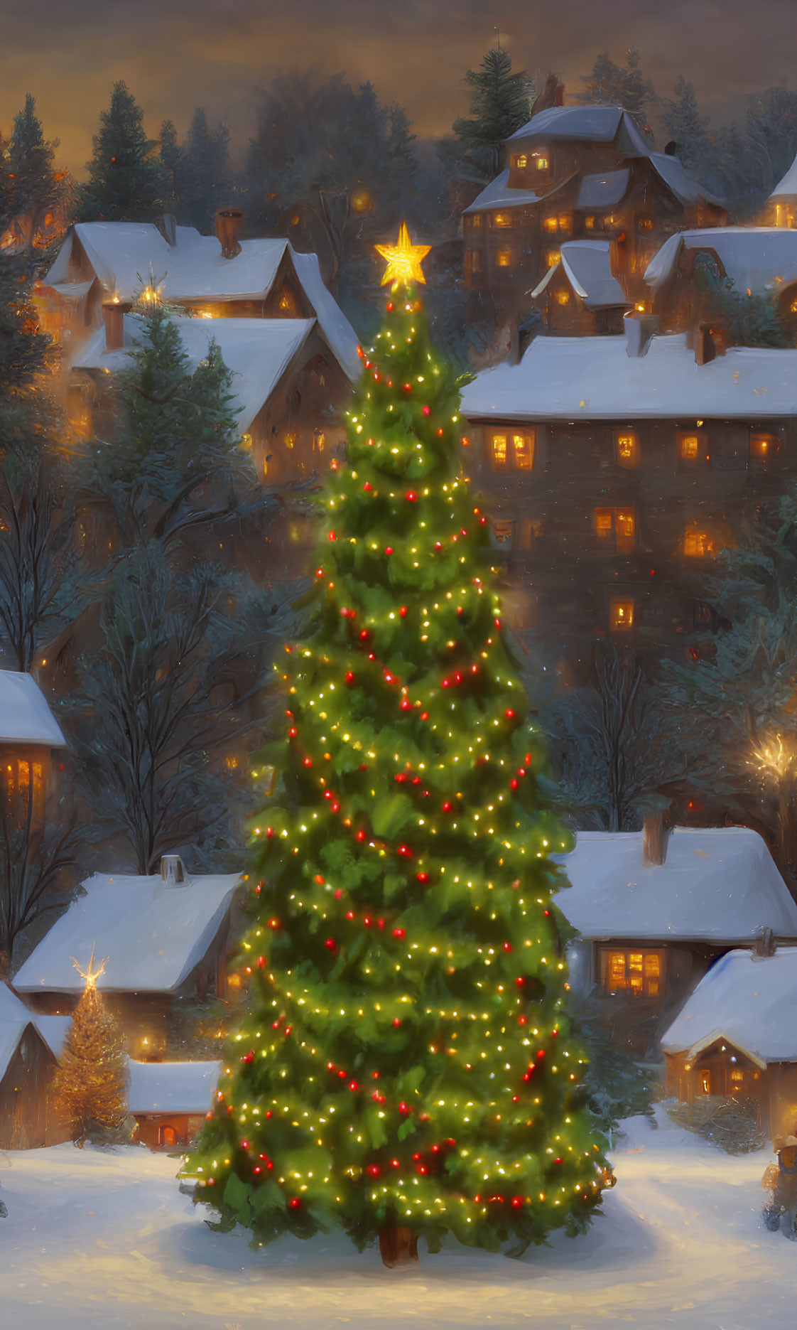 Glowing Christmas tree in snowy village at twilight