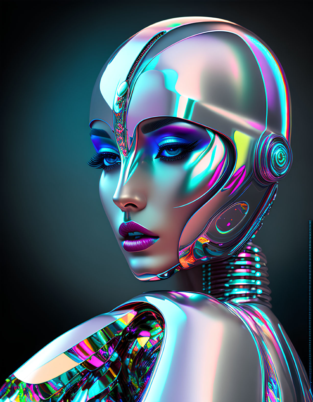 Colorful Female Robot Artwork on Dark Background
