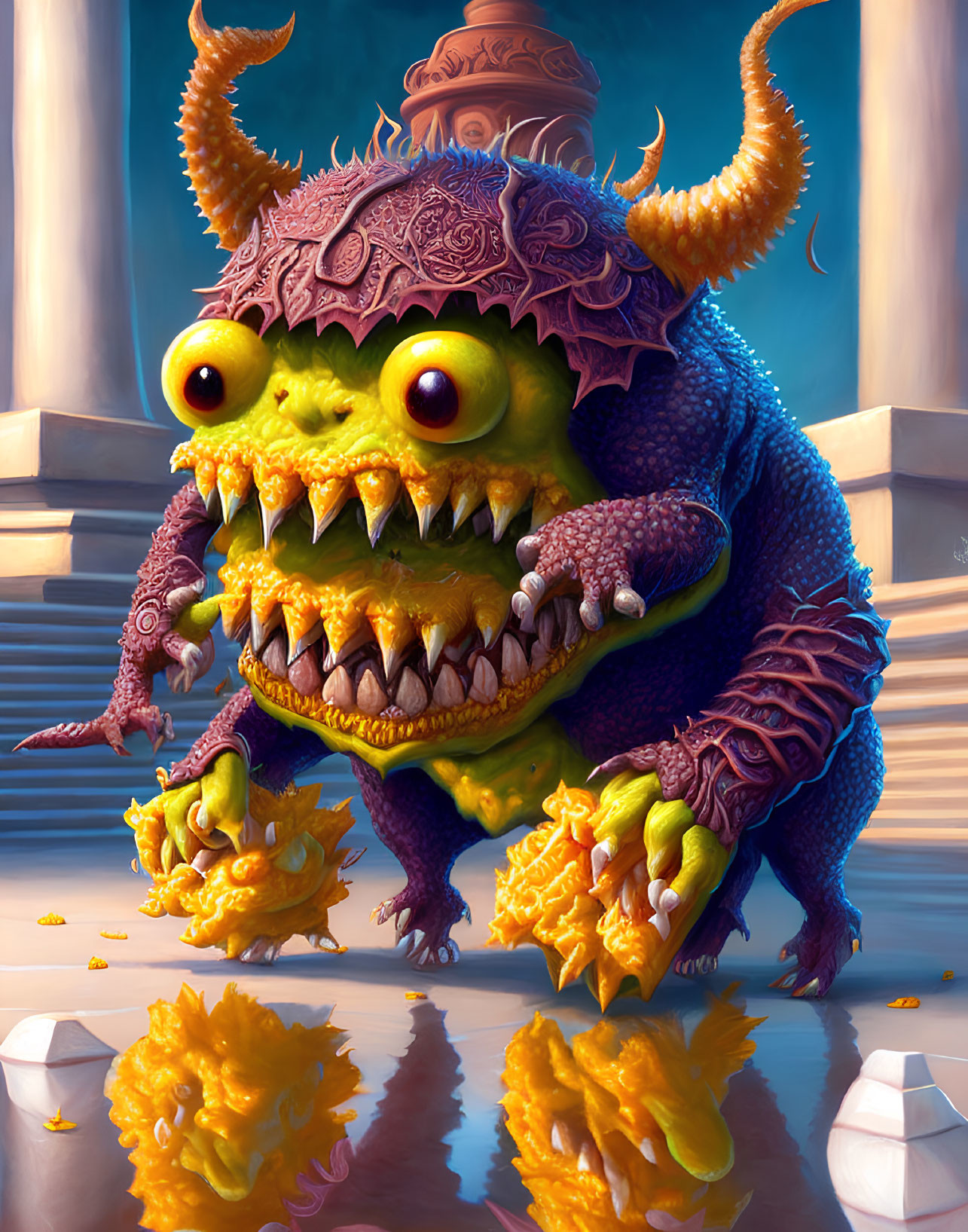 Colorful Cartoon Monster with Large Eyes and Sharp Teeth on Staircase