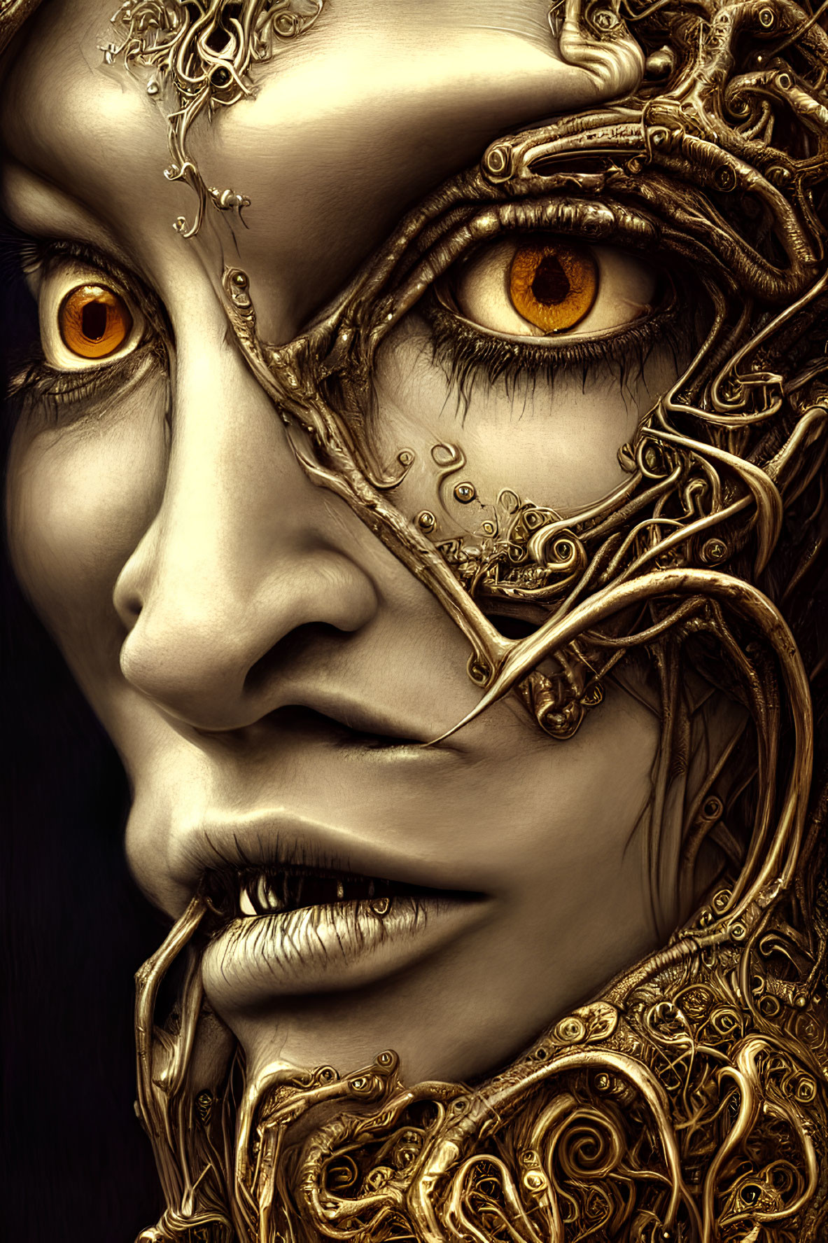 Detailed close-up of face with gold filigree, orange eyes, and human-machine fusion.