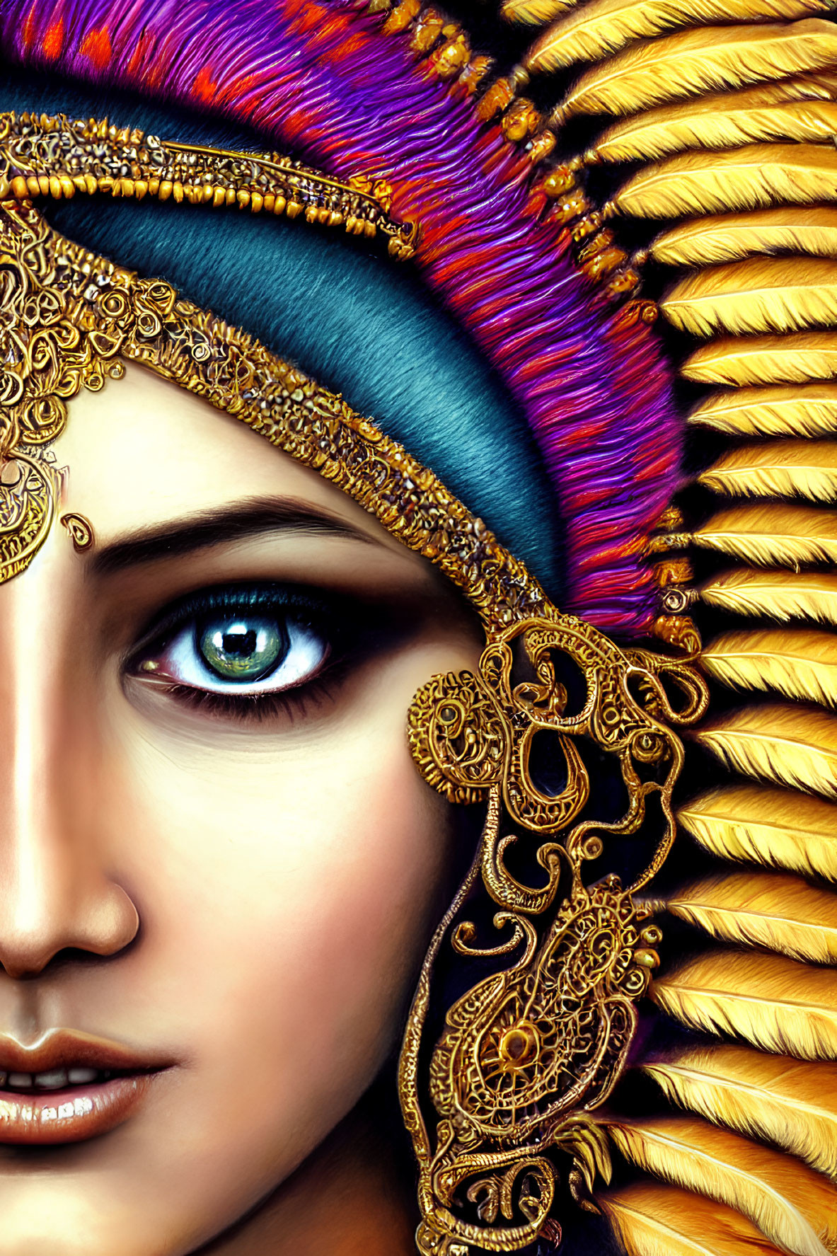 Detailed digital artwork of woman with blue eyes and ornate headpiece