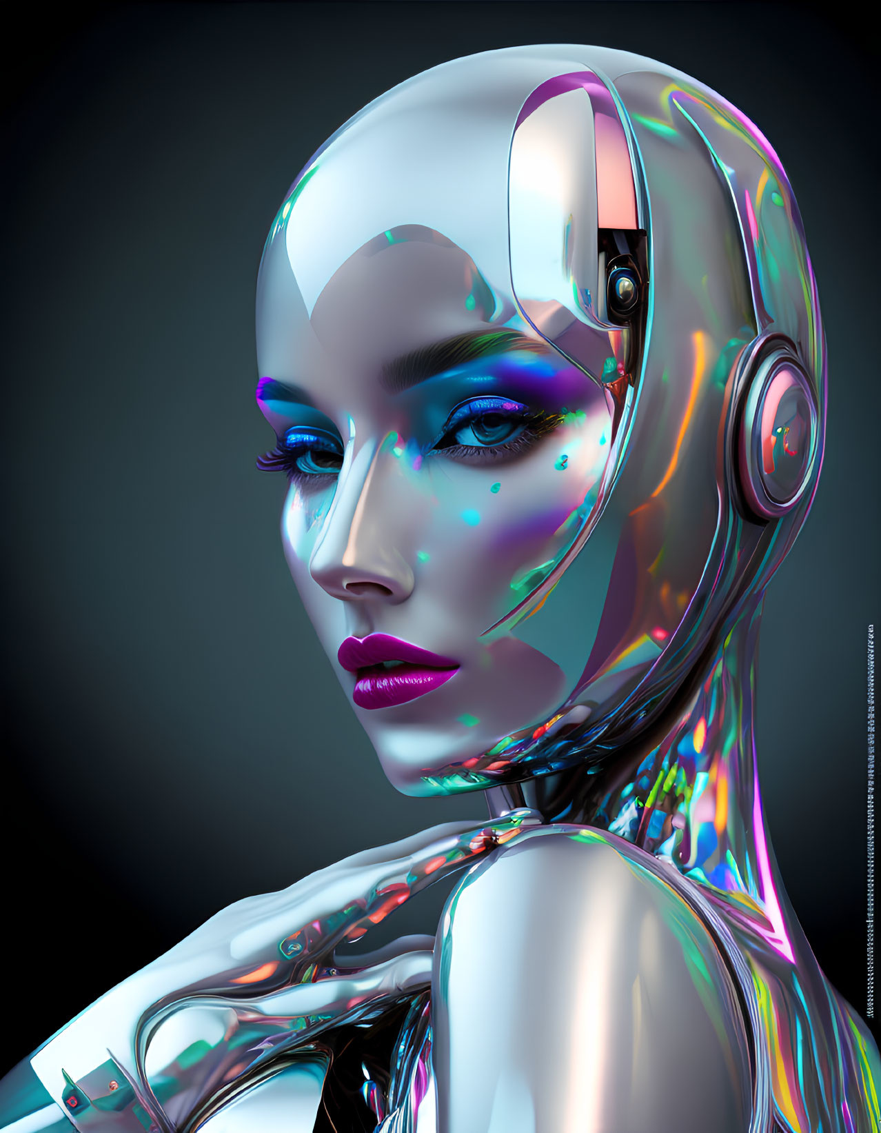 Futuristic female android with metallic skin and headphones on dark background