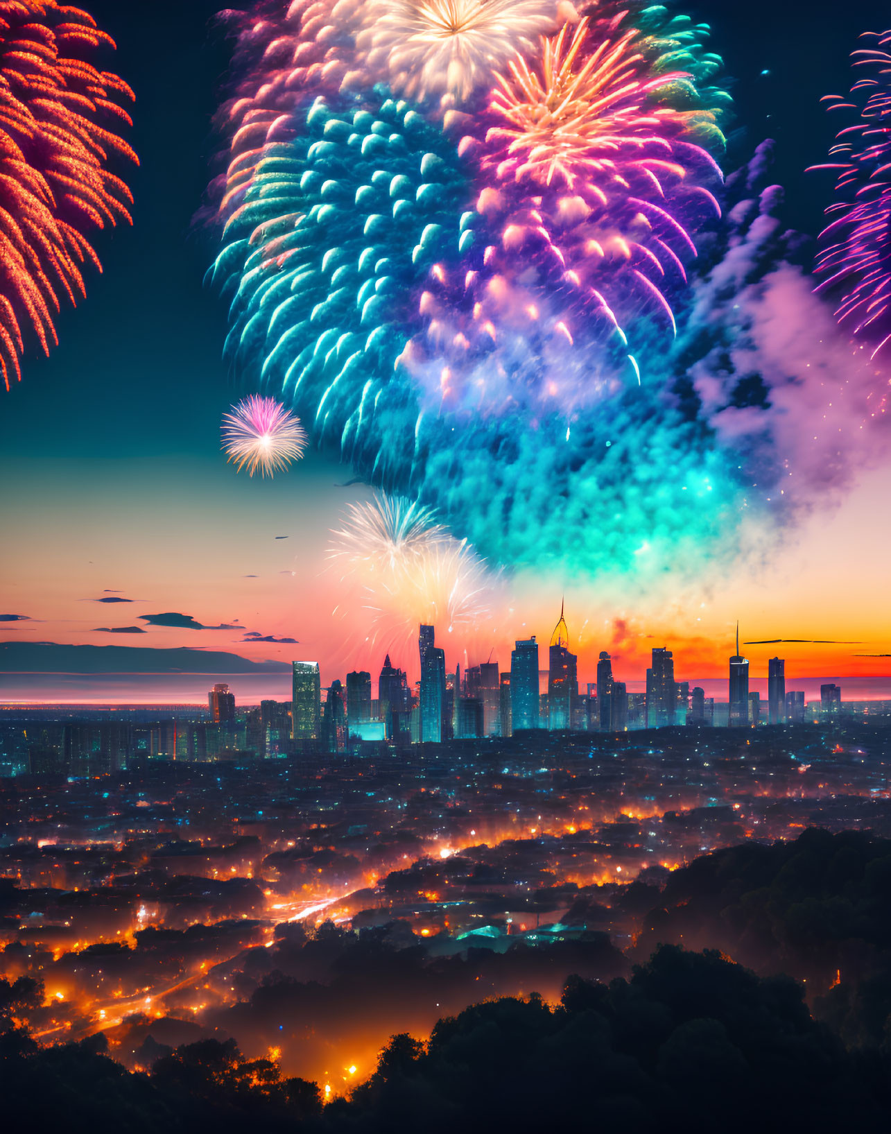 Colorful fireworks display over city skyline at dusk