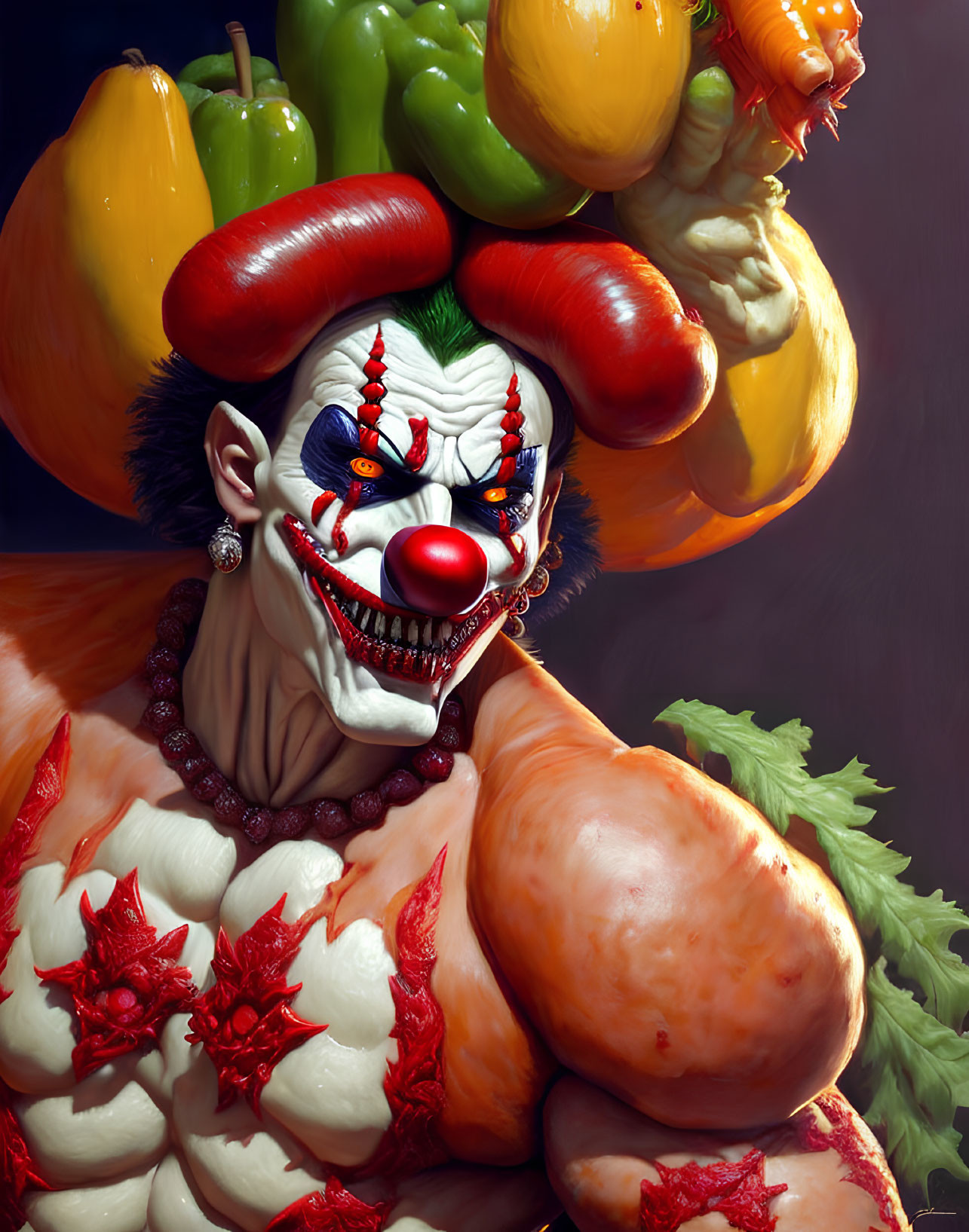 Vibrant clown portrait with exaggerated features and bell peppers