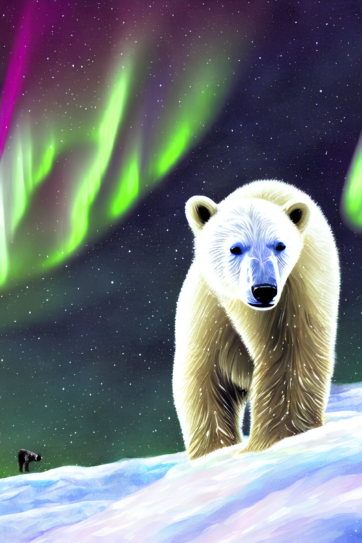 Polar bear in snow under starry sky with aurora borealis