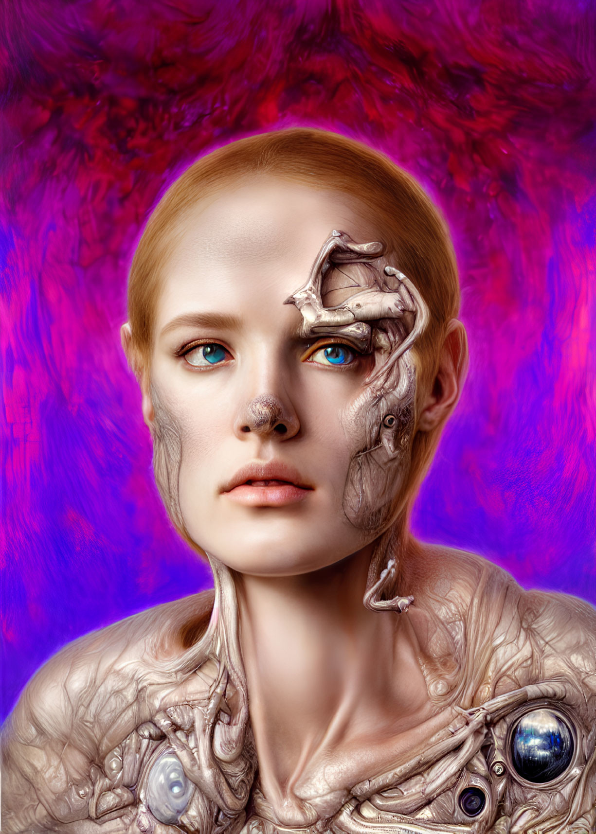 Surreal portrait: Woman with human-robotic blend on vibrant background