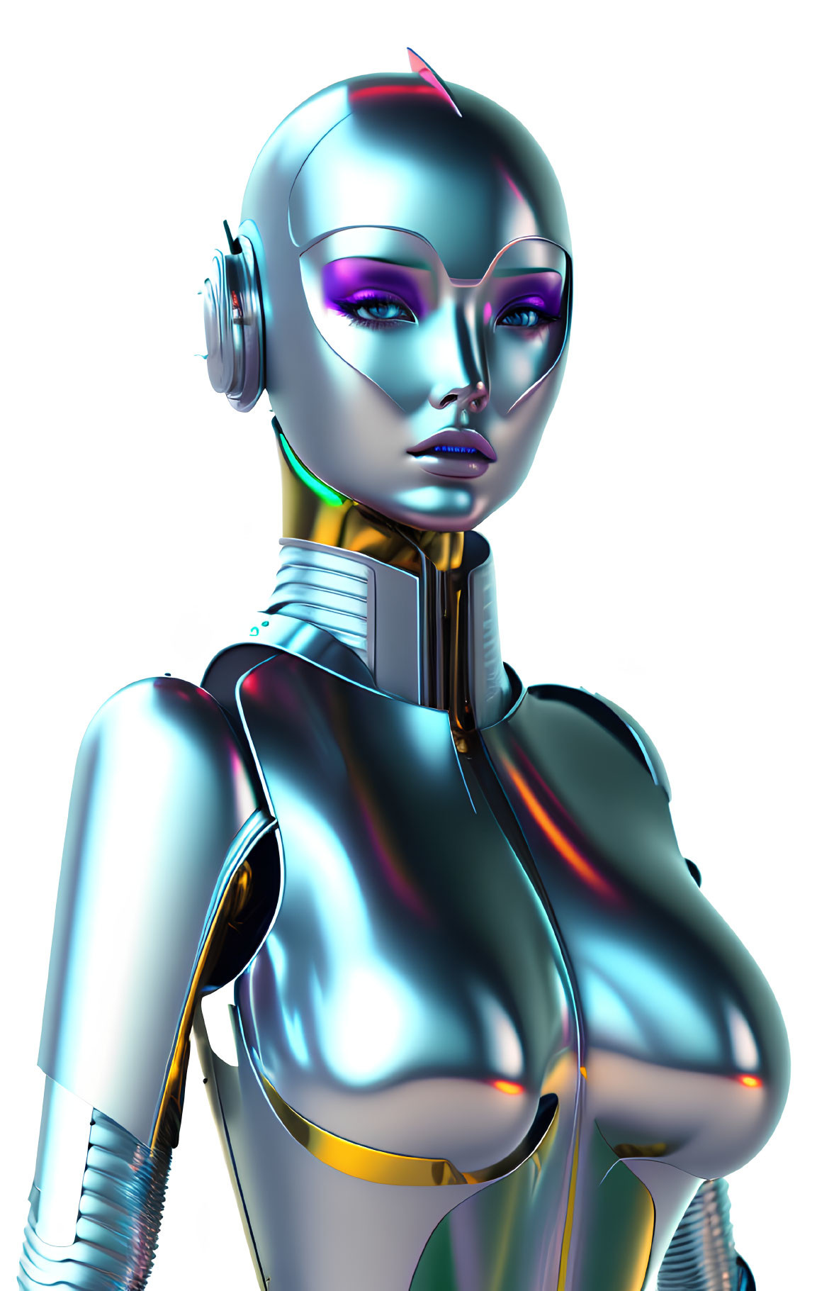 Futuristic female humanoid robot with glossy metallic surface and purple-tinted eyes