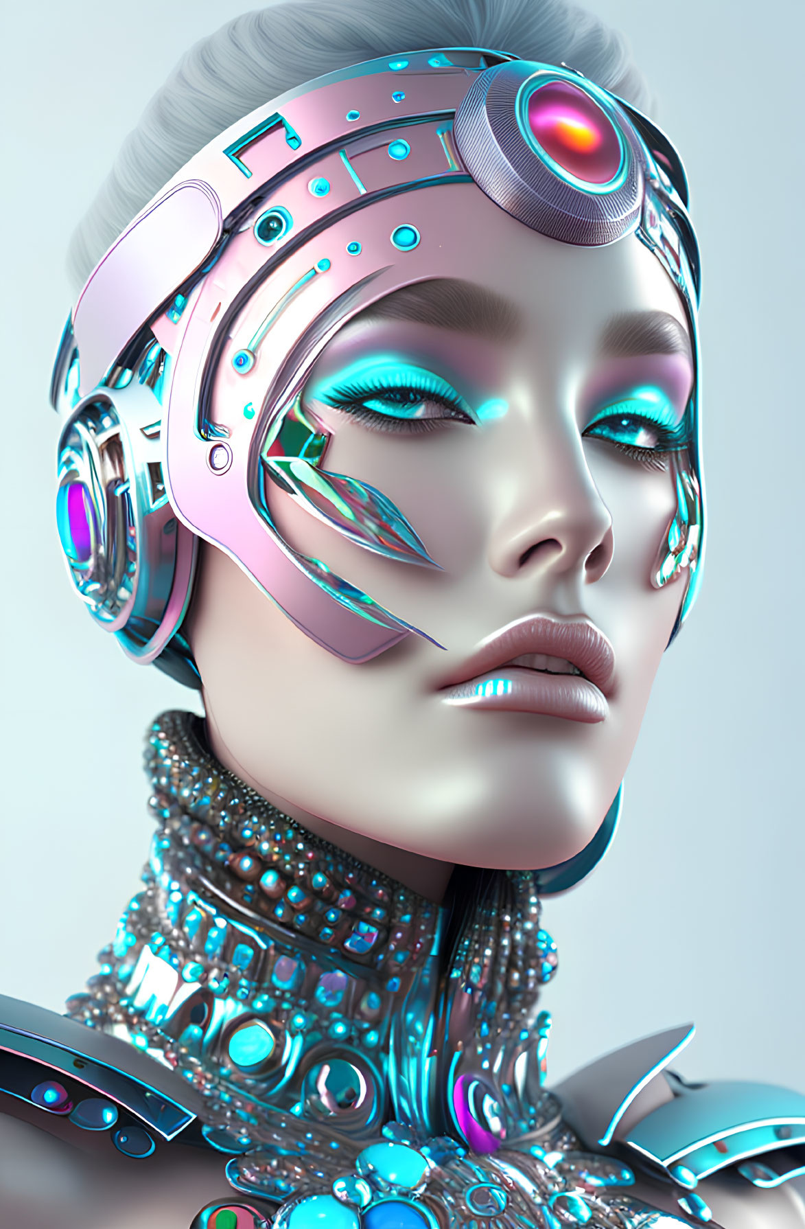 Detailed Cybernetic Female Android with Turquoise Glowing Elements