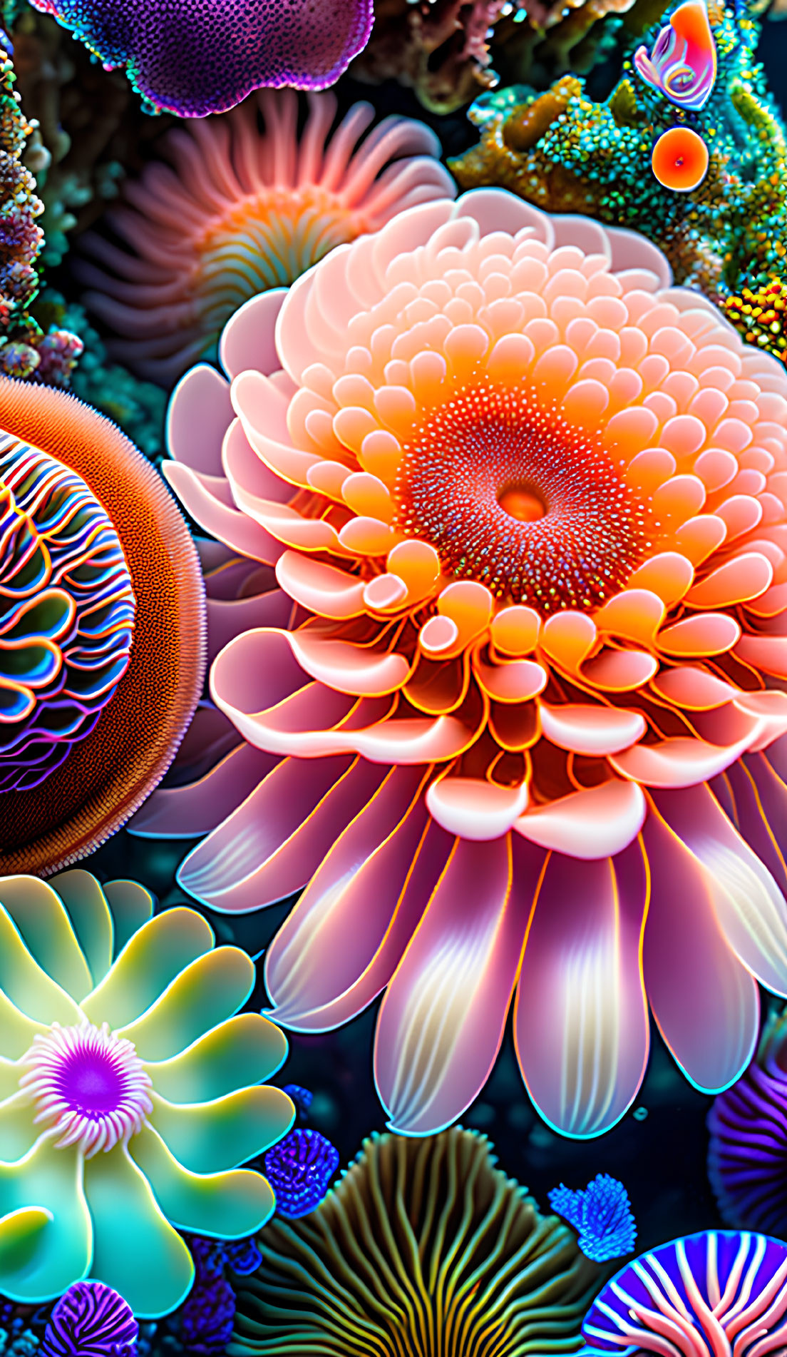 Colorful digital artwork of neon coral and marine flora in underwater scene