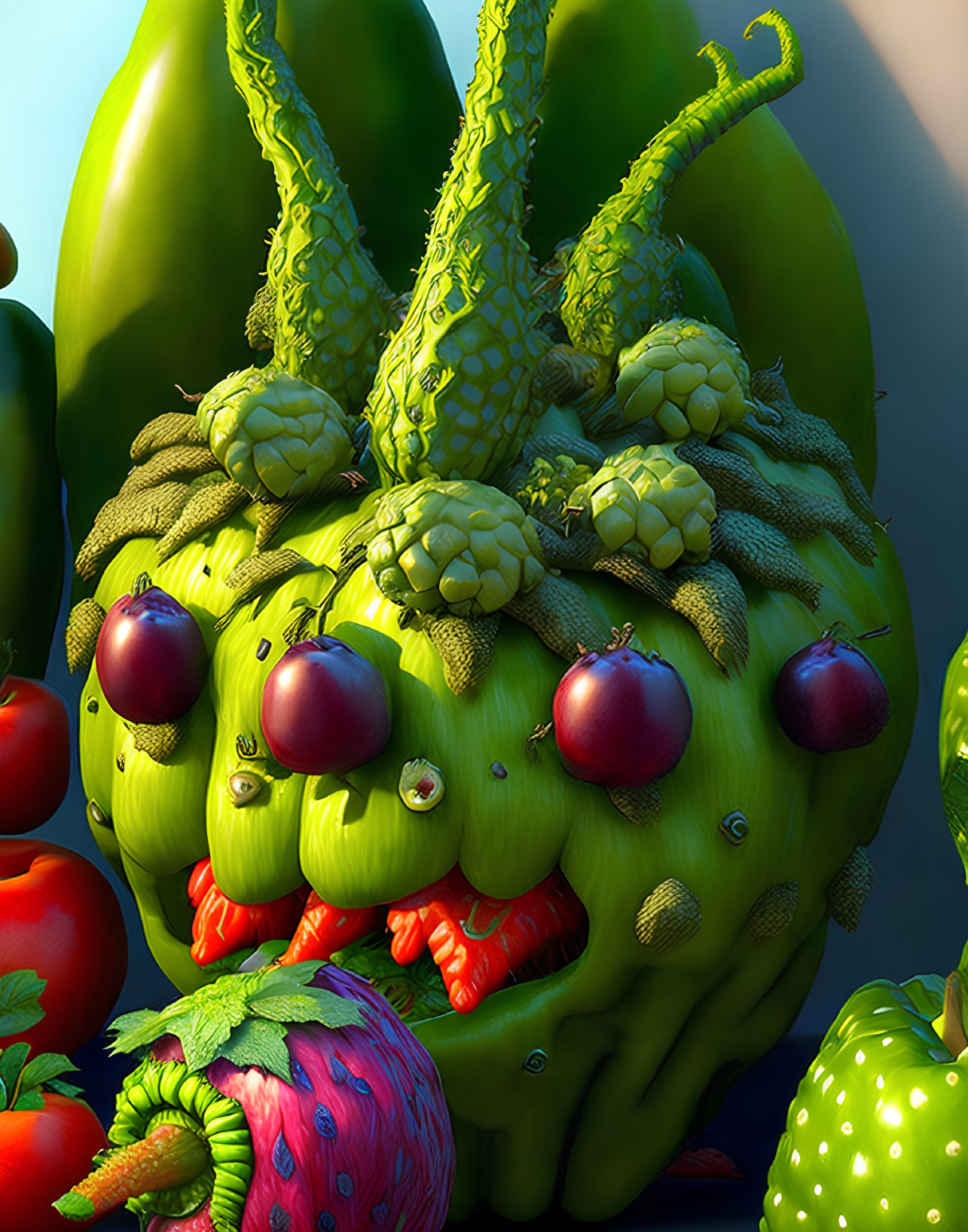 Vibrant surreal composition of assorted fruits and vegetables with glossy texture