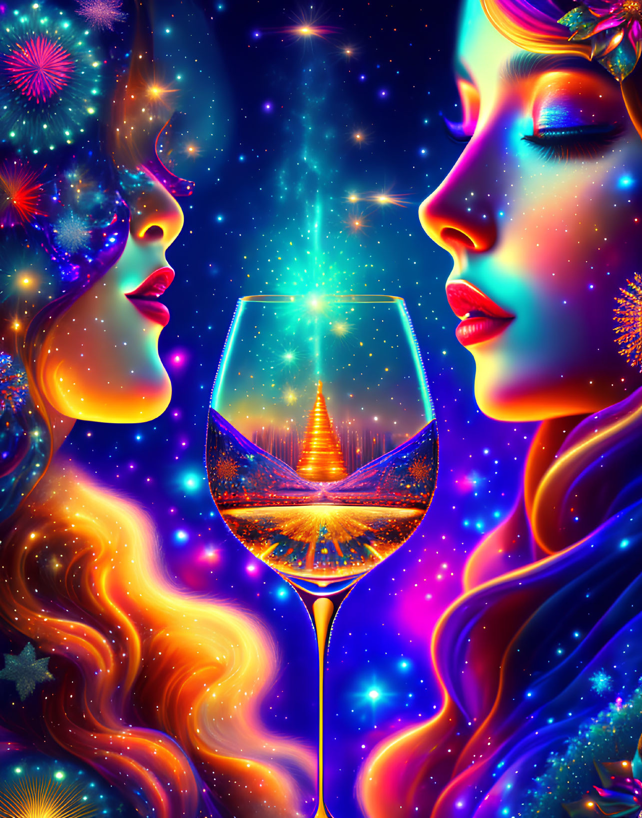Colorful illustration of two stylized female profiles with cosmic and floral motifs around a wine glass and city