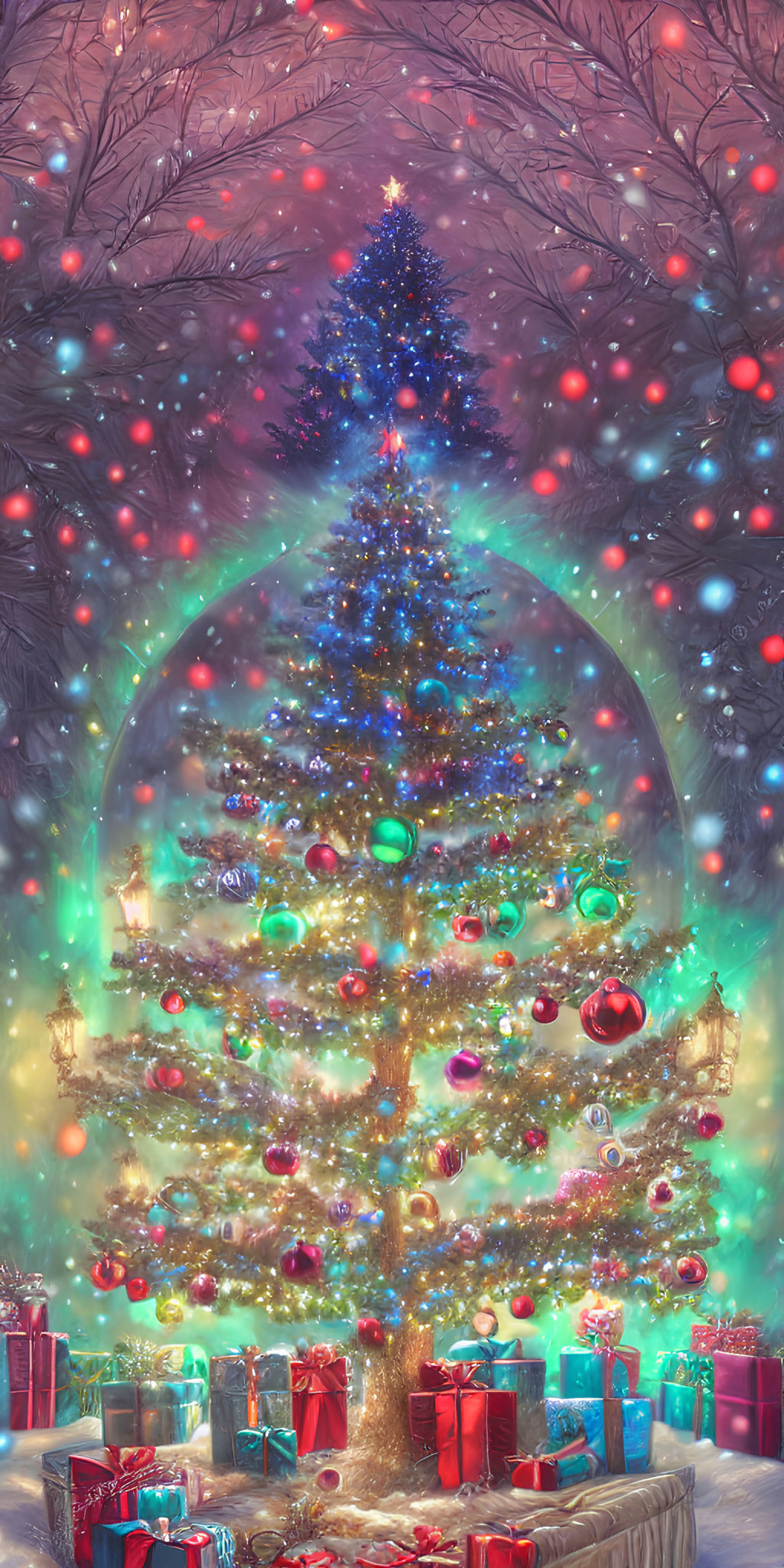Vibrant Christmas tree with gifts, festive glow, and snowflake decorations