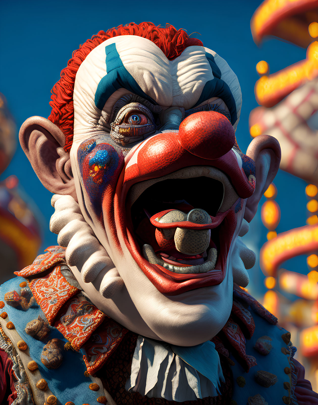 Detailed Close-Up of Surprised Clown in Colorful Costume