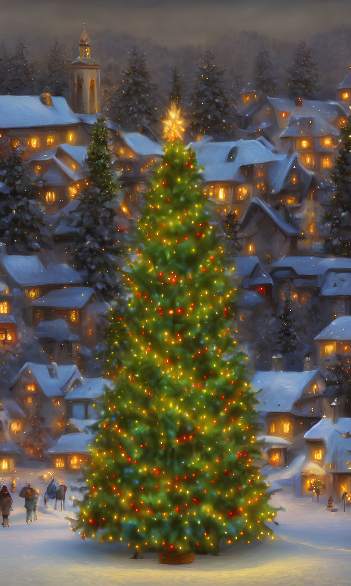 Colorful lights adorn tall Christmas tree in snowy village at dusk