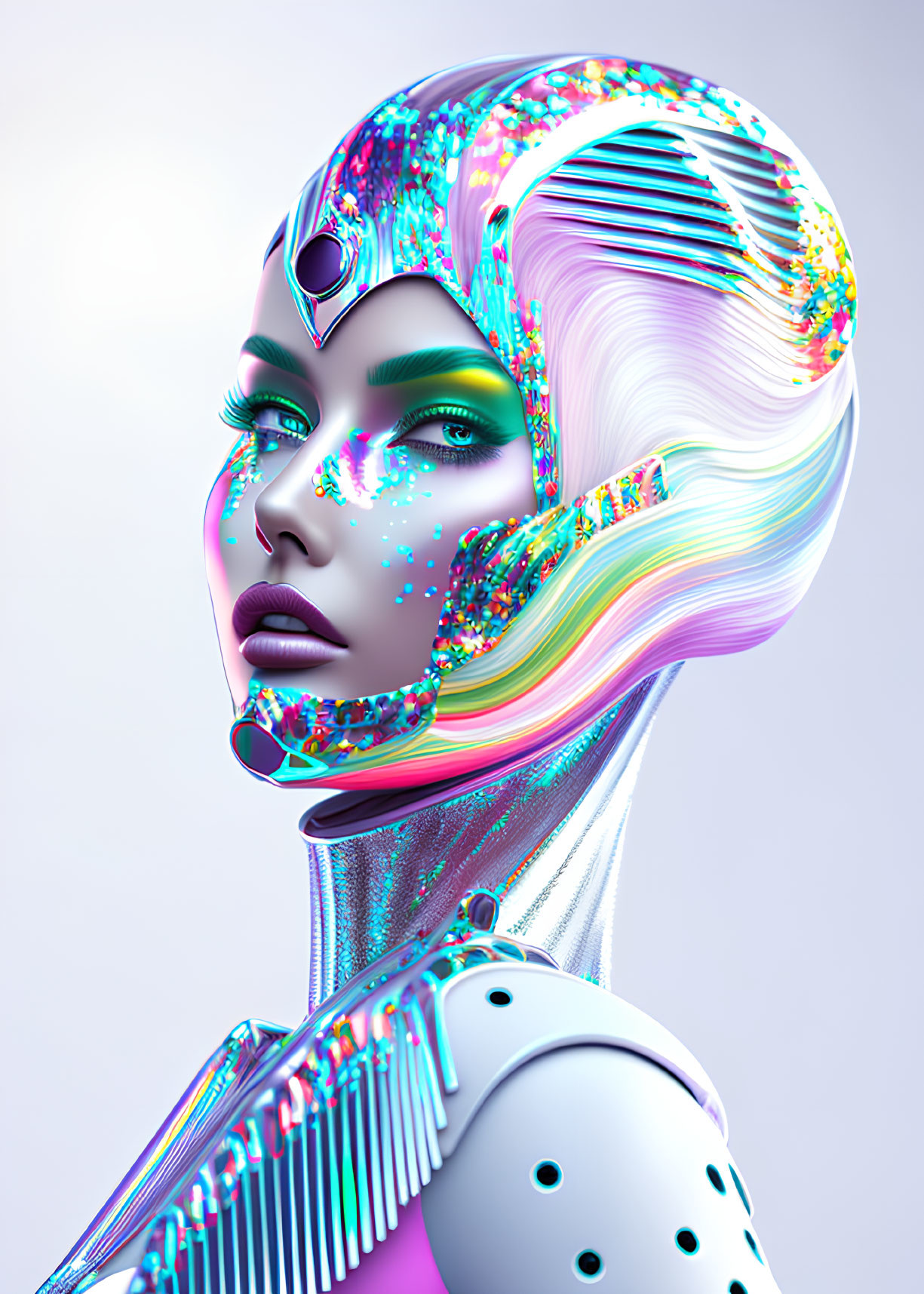 Colorful holographic female android with vibrant skin textures and metallic body details on pale background