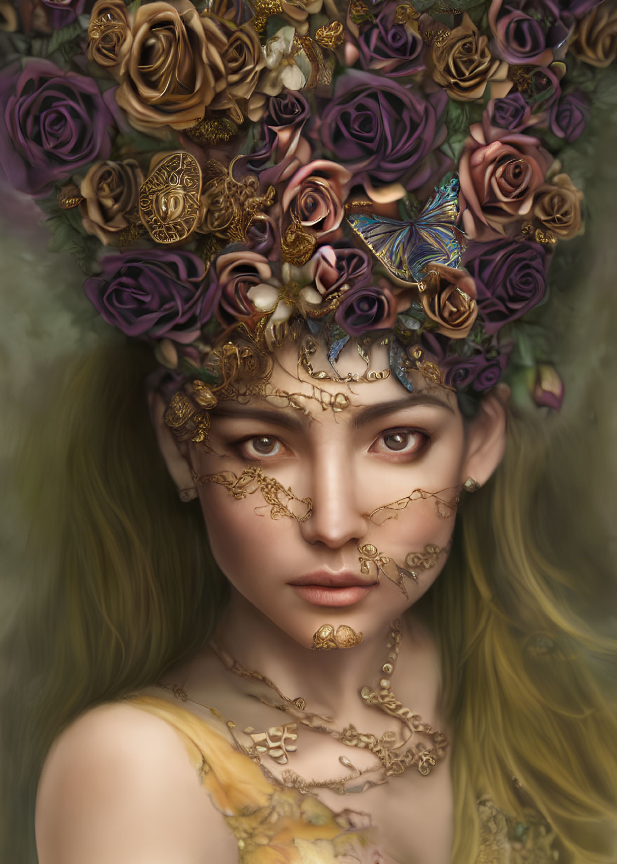 Digital Artwork: Woman with Rose Crown, Gold Jewelry, Butterfly, Mystical Theme