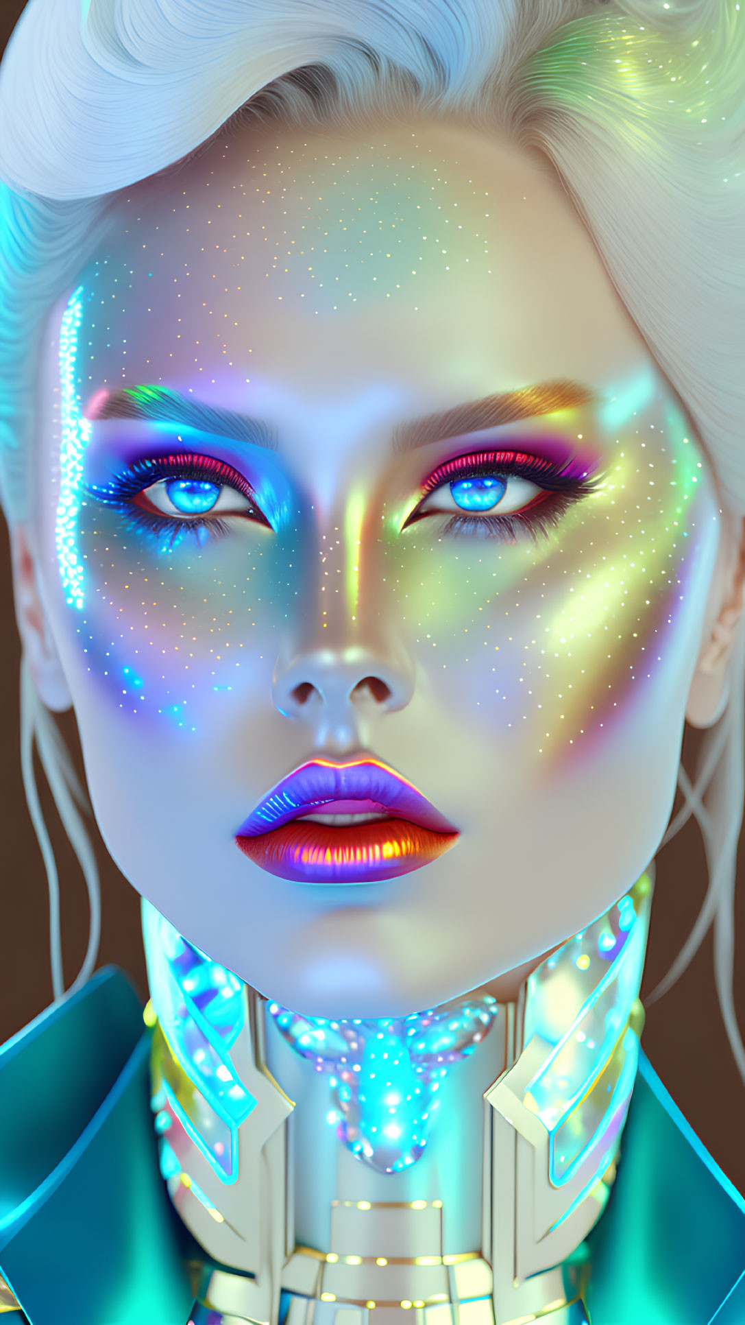 Iridescent Skin and Cosmic Makeup on Futuristic Woman