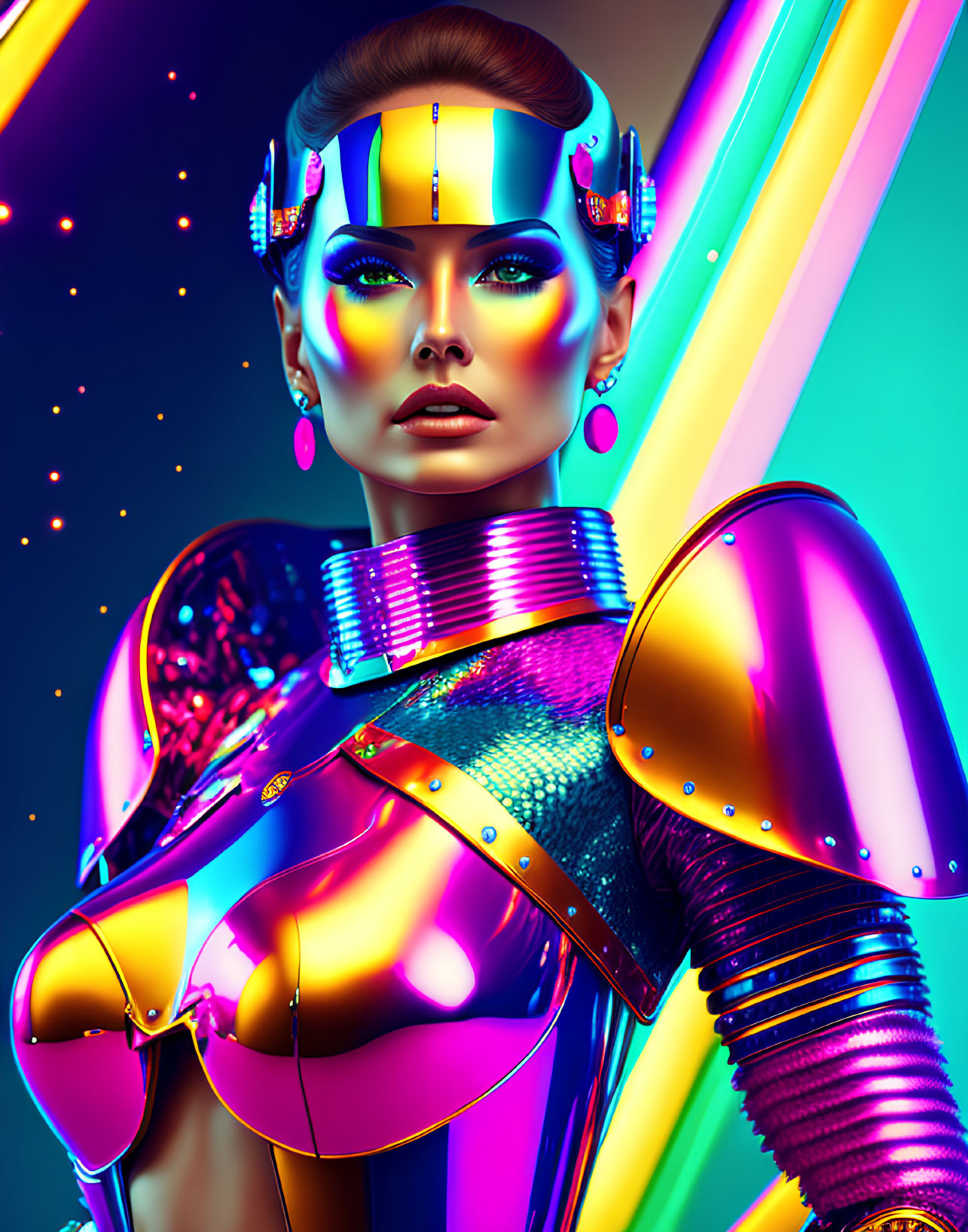 Colorful armor adorns vibrant female robot in futuristic setting
