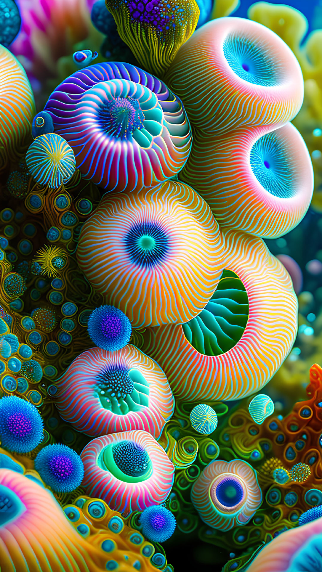 Abstract digital art: Vibrant sea anemone-like forms in iridescent colors