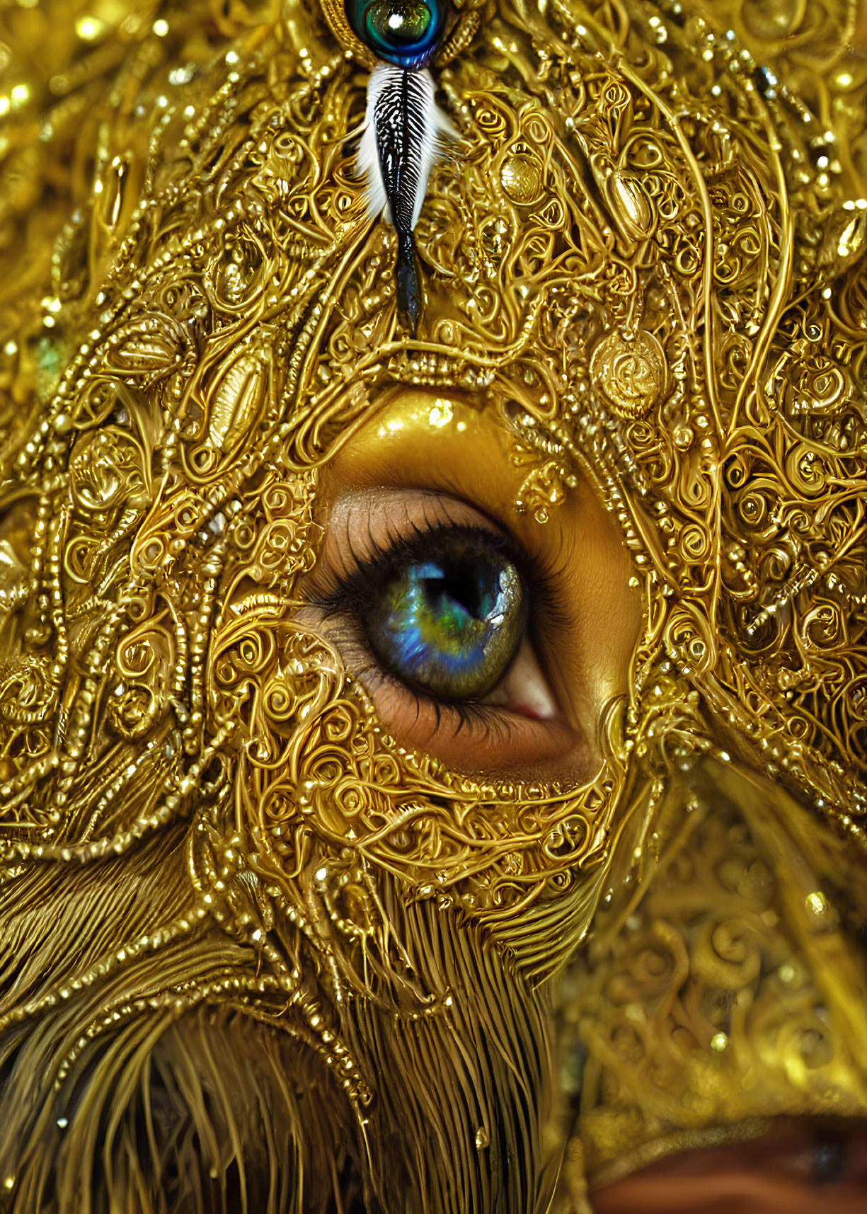 Intricate golden filigree eye with peacock feather accent