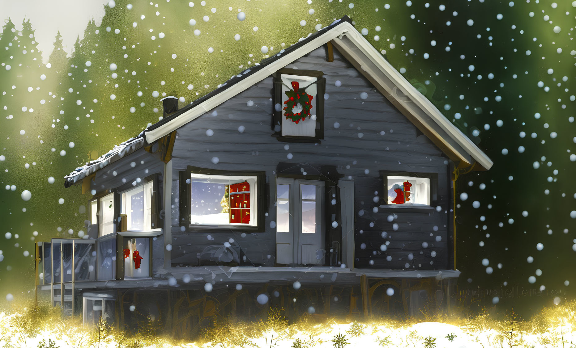 Snowy Christmas cabin with festive decorations in a winter landscape