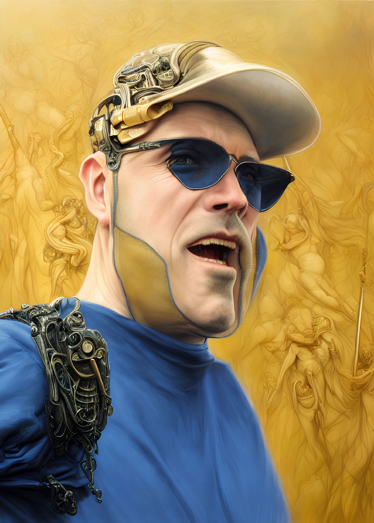 Cybernetic man with mechanical eye and arm in digital artwork