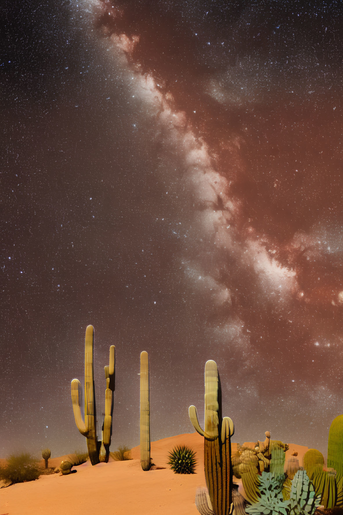 Starry Night Sky Over Desert Landscape with Tall Cacti