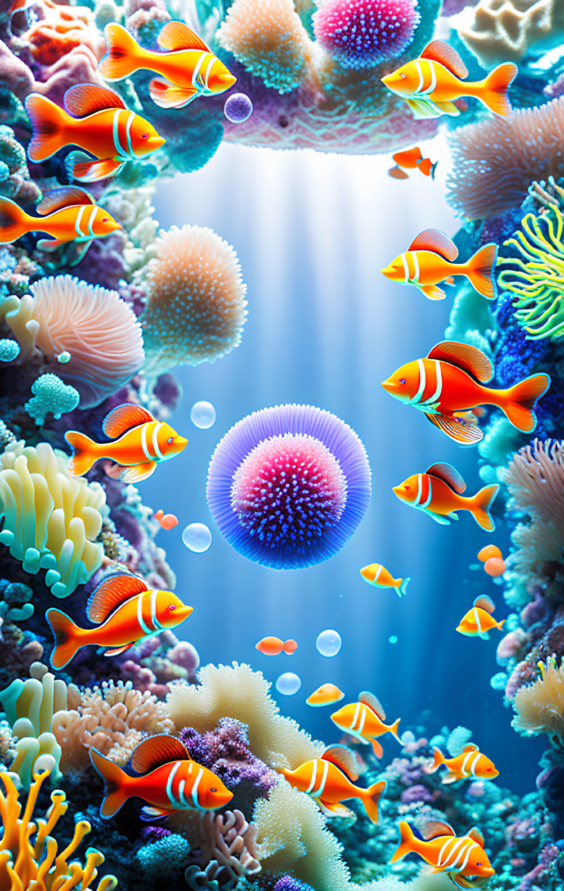 Colorful Clownfish Swimming in Vibrant Underwater Scene