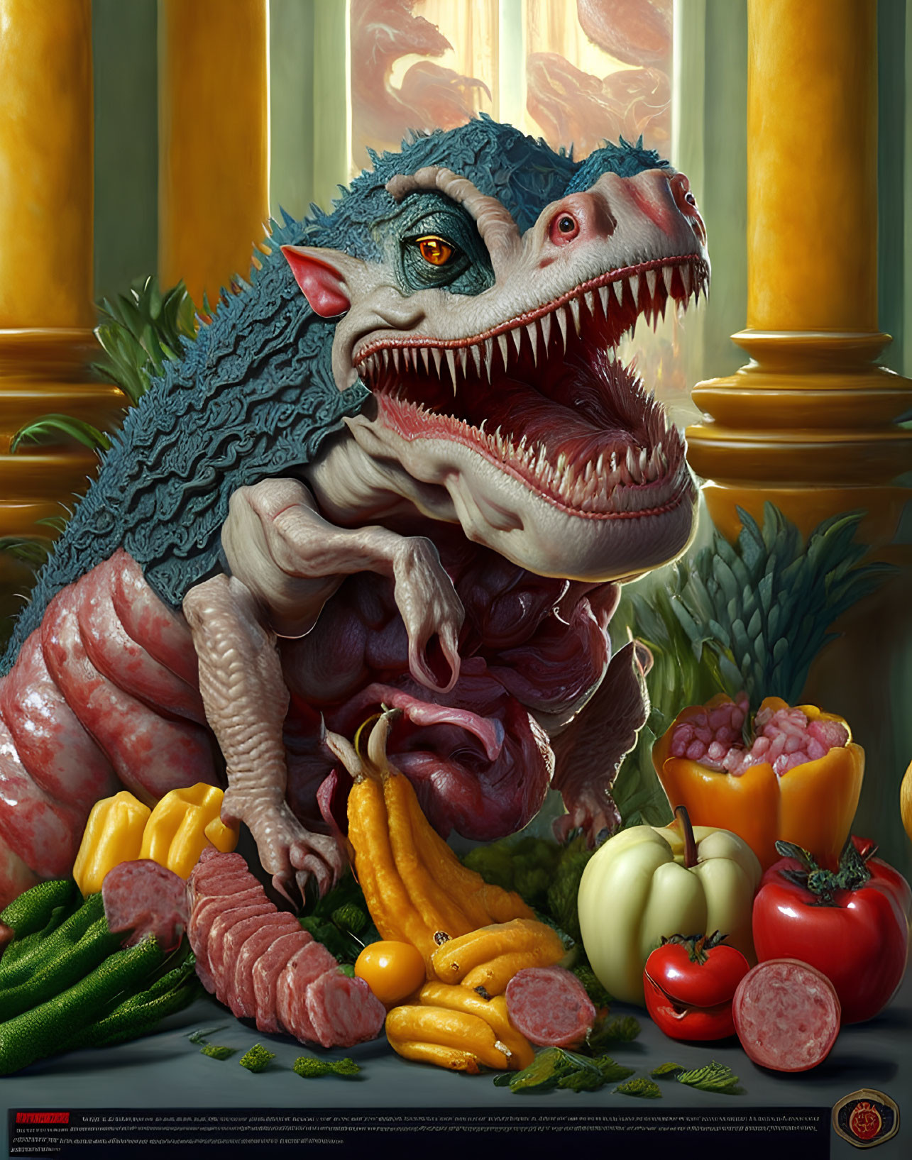 Colorful carnivorous creature with vegetables on classical columns background