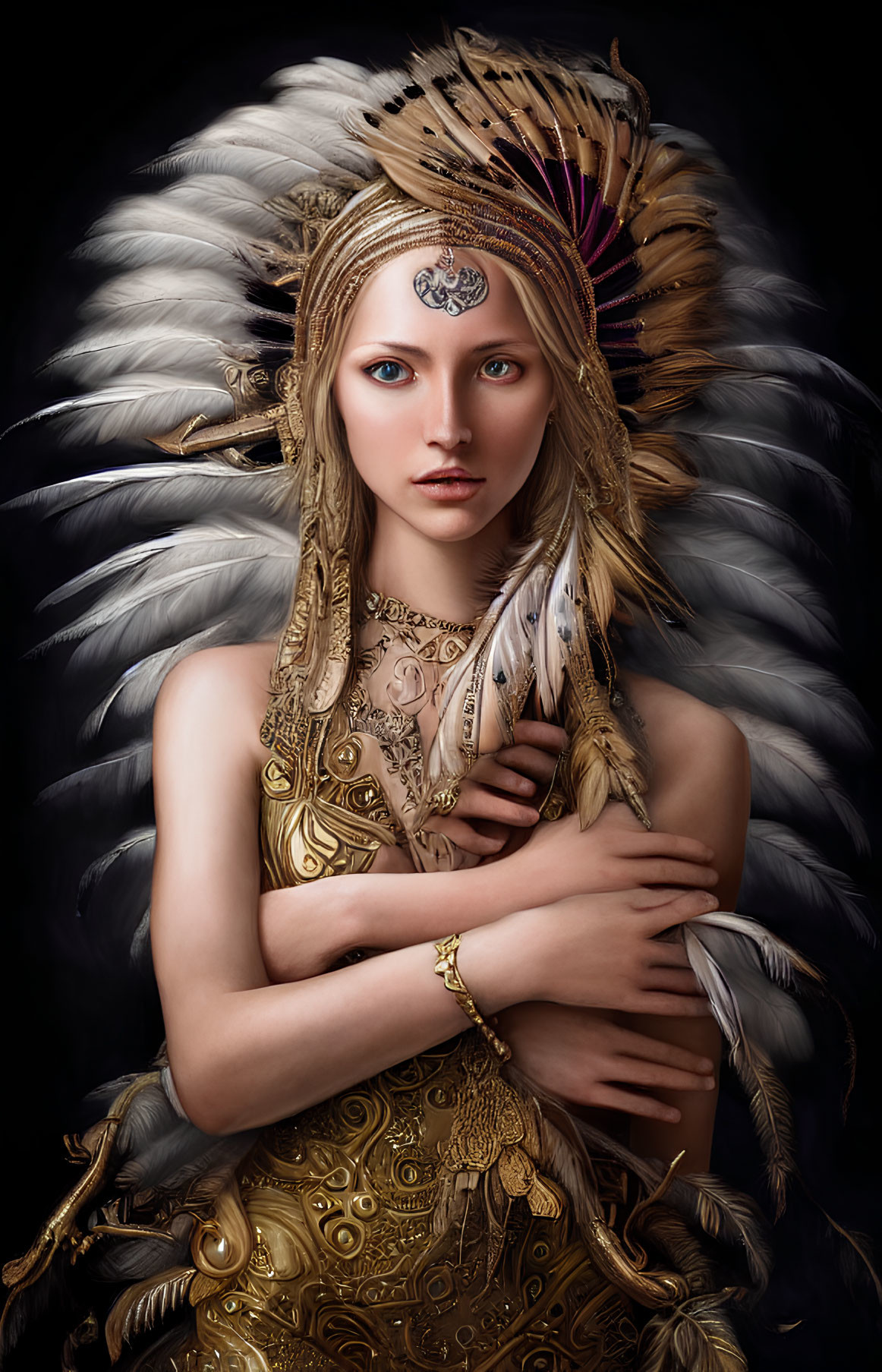 Portrait of Woman in Feather Headdress and Gold Armor with Tattoos and Jewelry