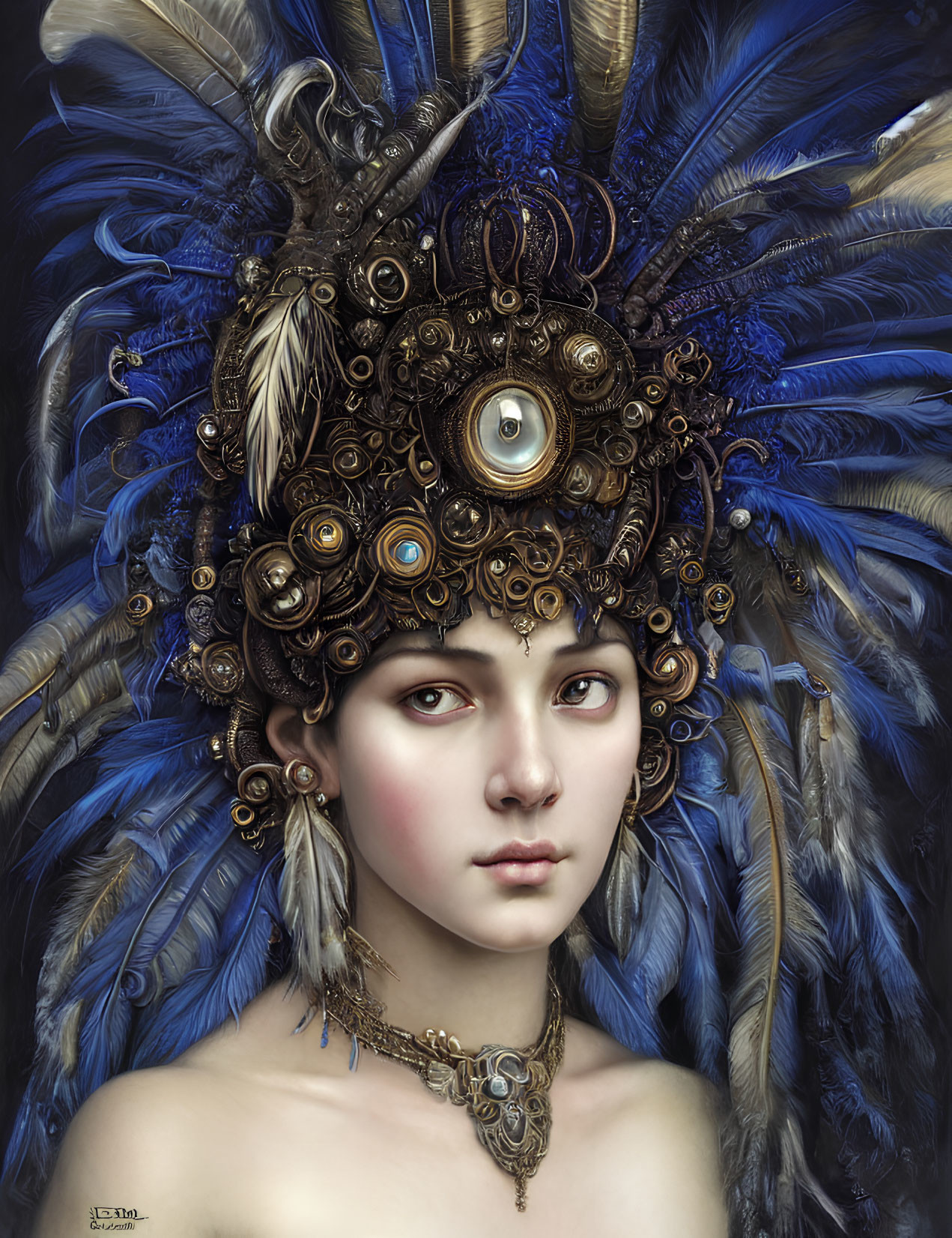 Portrait of a person with ornate steampunk headpiece featuring feathers, gears, and eyes