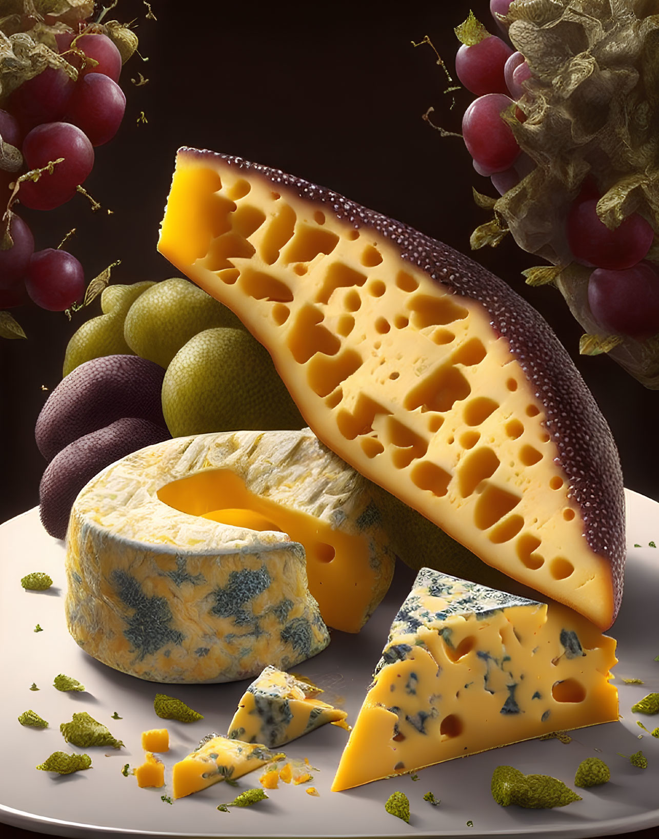 Assorted Cheeses and Fruits Still Life on Dark Background
