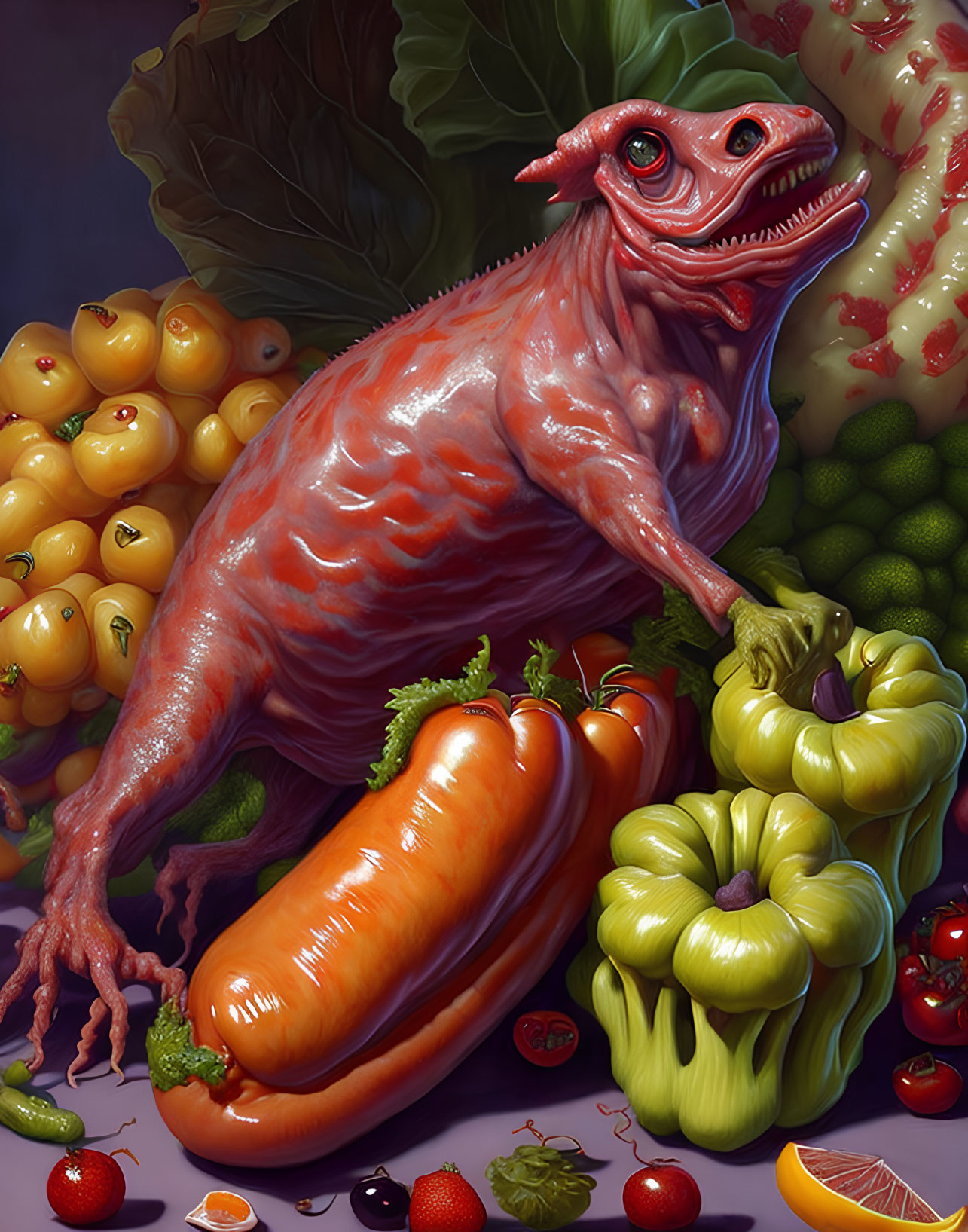 Surreal illustration of raw chicken with oversized eyes among vibrant fruits & vegetables