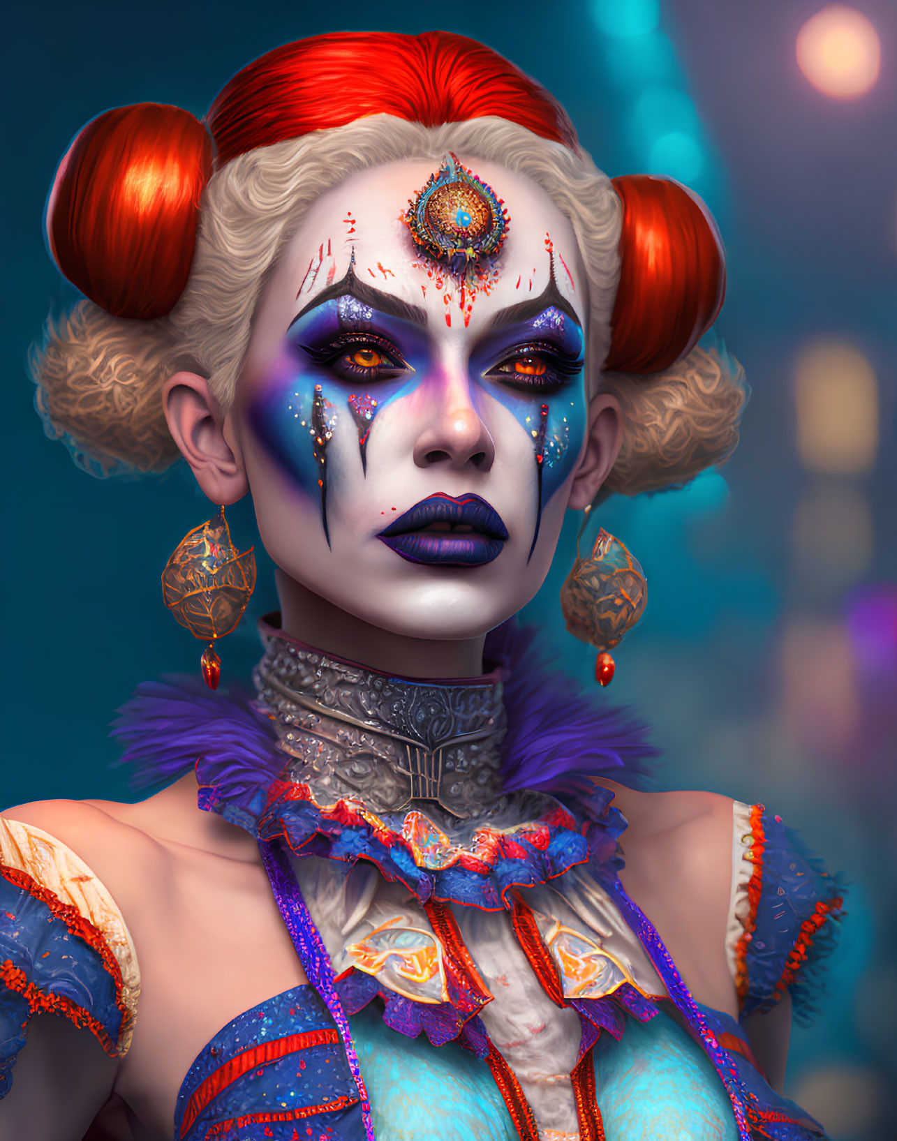 Portrait of Woman with White Face Paint, Red Hair, Carnival Makeup, and Jeweled Accents on