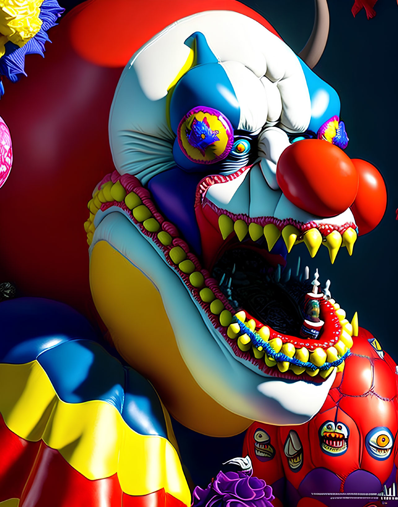 Colorful surreal clown face with open mouth revealing dark abyss and intricate designs.