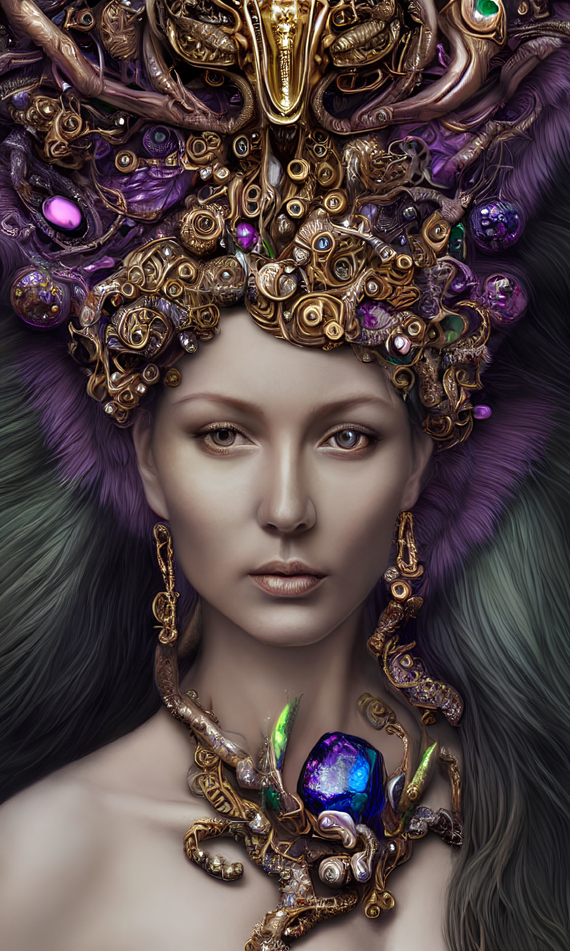 Intricate golden headdress with gemstones and serpentine elements