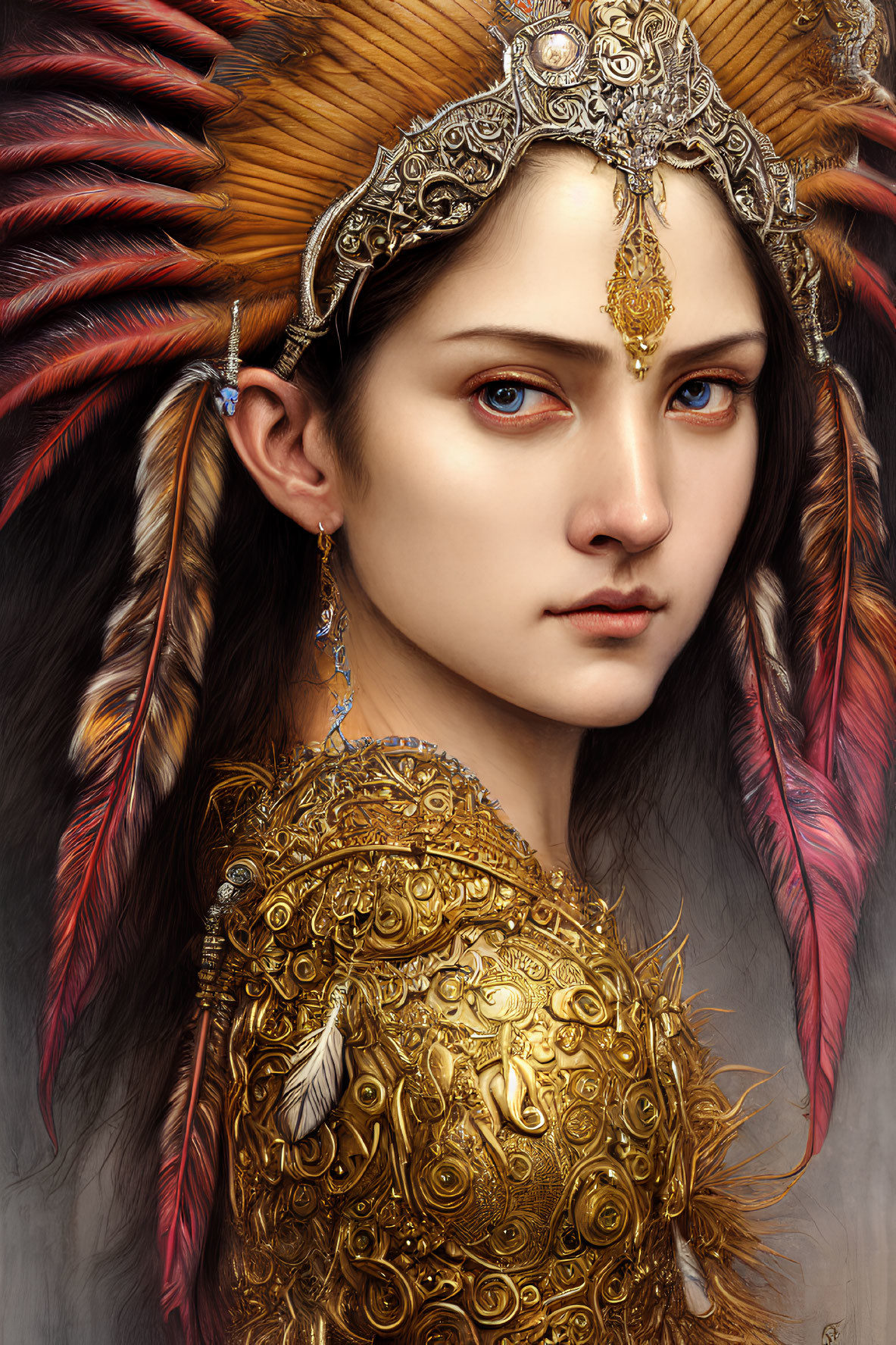 Detailed digital portrait of woman in feathered headdress and golden armor