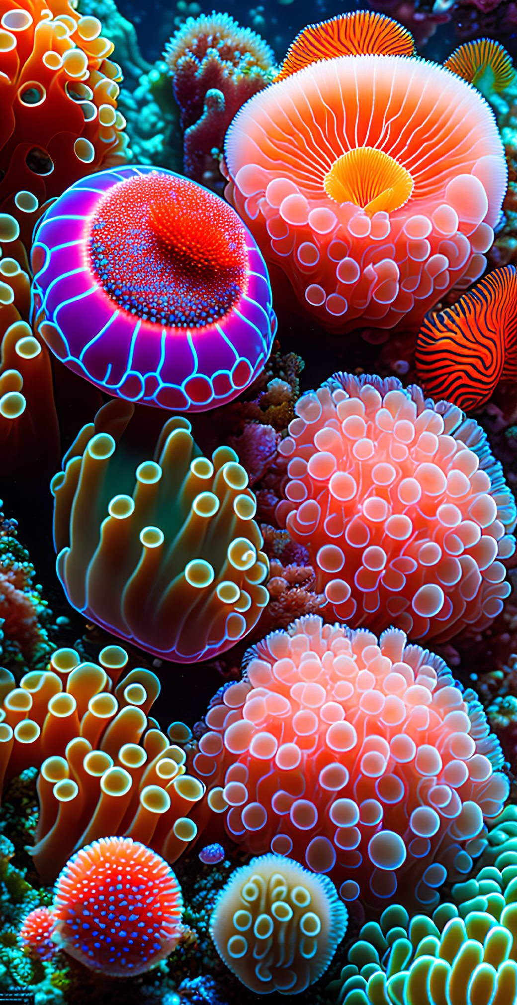 Colorful Coral Reef with Anemones and Corals in Various Patterns