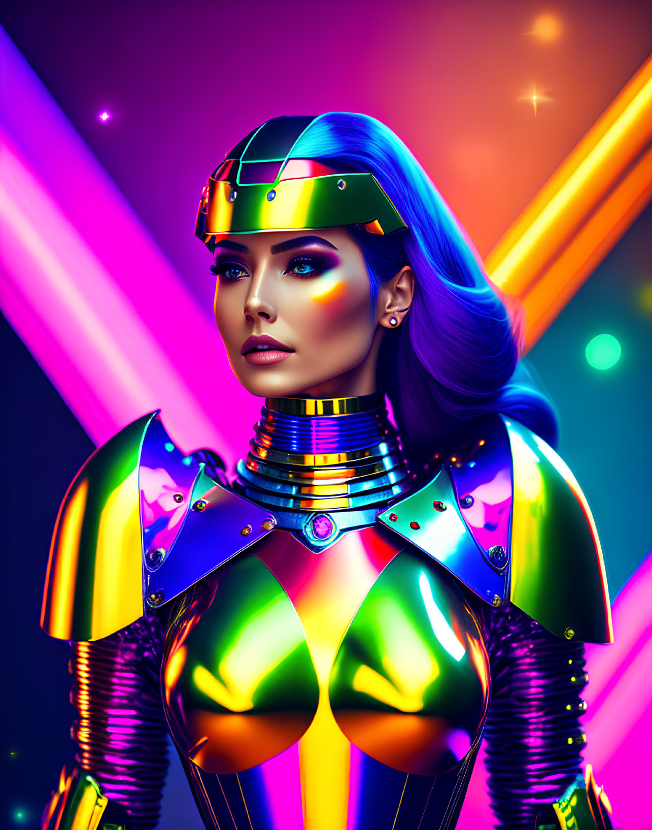 Colorful digital artwork: Woman with blue hair in futuristic armor on neon-lit background