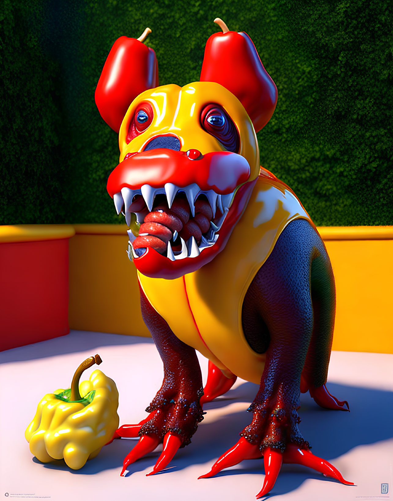 Vibrant 3D Cartoon Dog Creature with Red Horns and Lemon