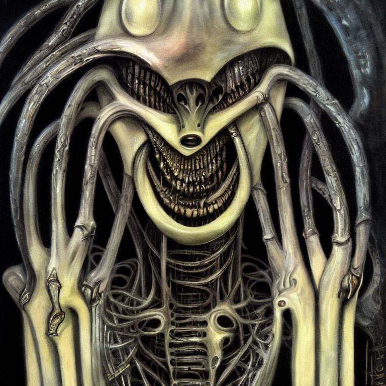 Surreal biomechanical creature with skeletal features and elongated limbs