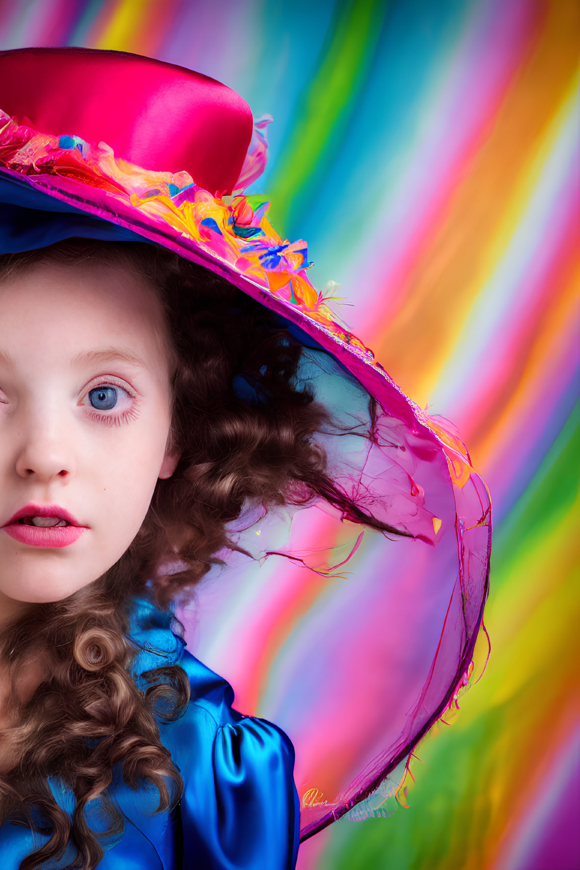 Child with Blue Eyes and Curly Hair in Fancy Outfit and Pink Feathered Hat on Rainbow Sw