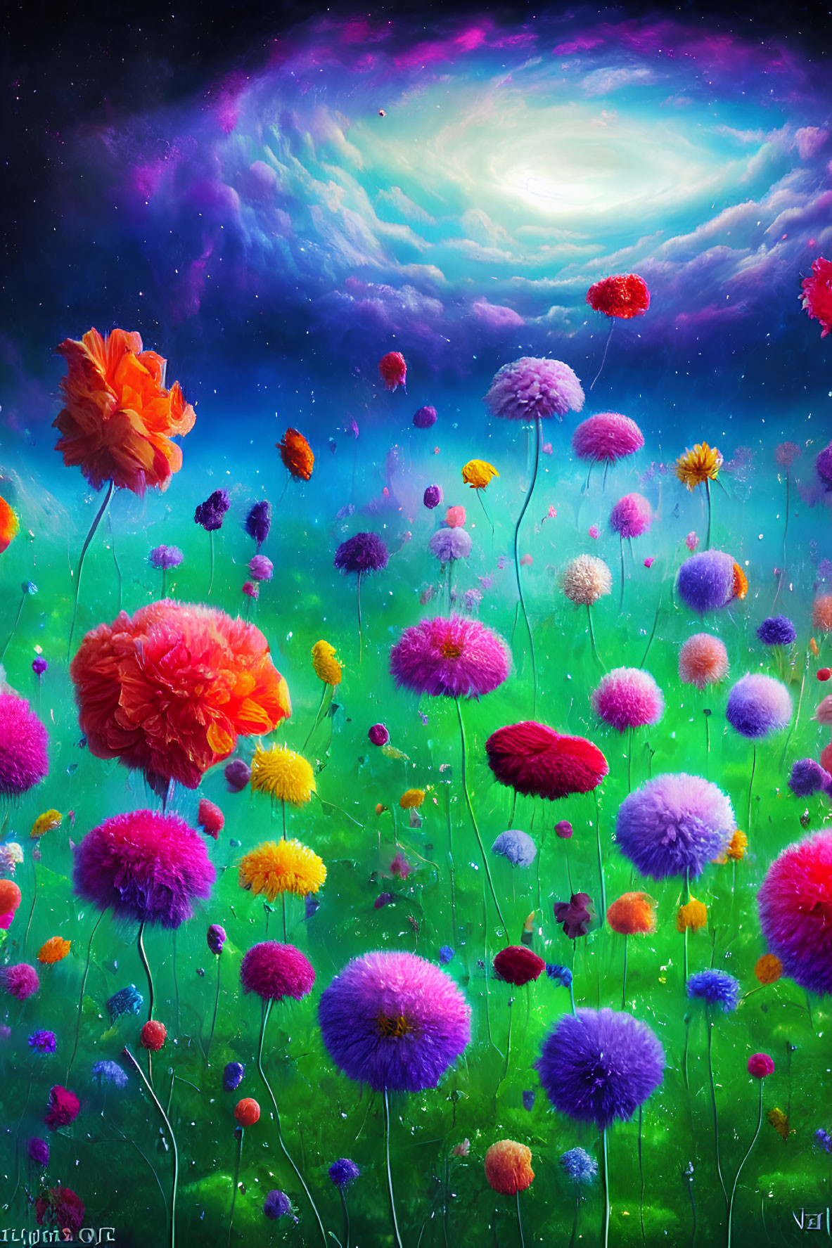 Colorful Flowers Field Under Starry Sky with Moon and Clouds